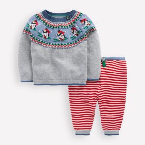 Knitted Play Set-Grey Marl Skiing Penguins