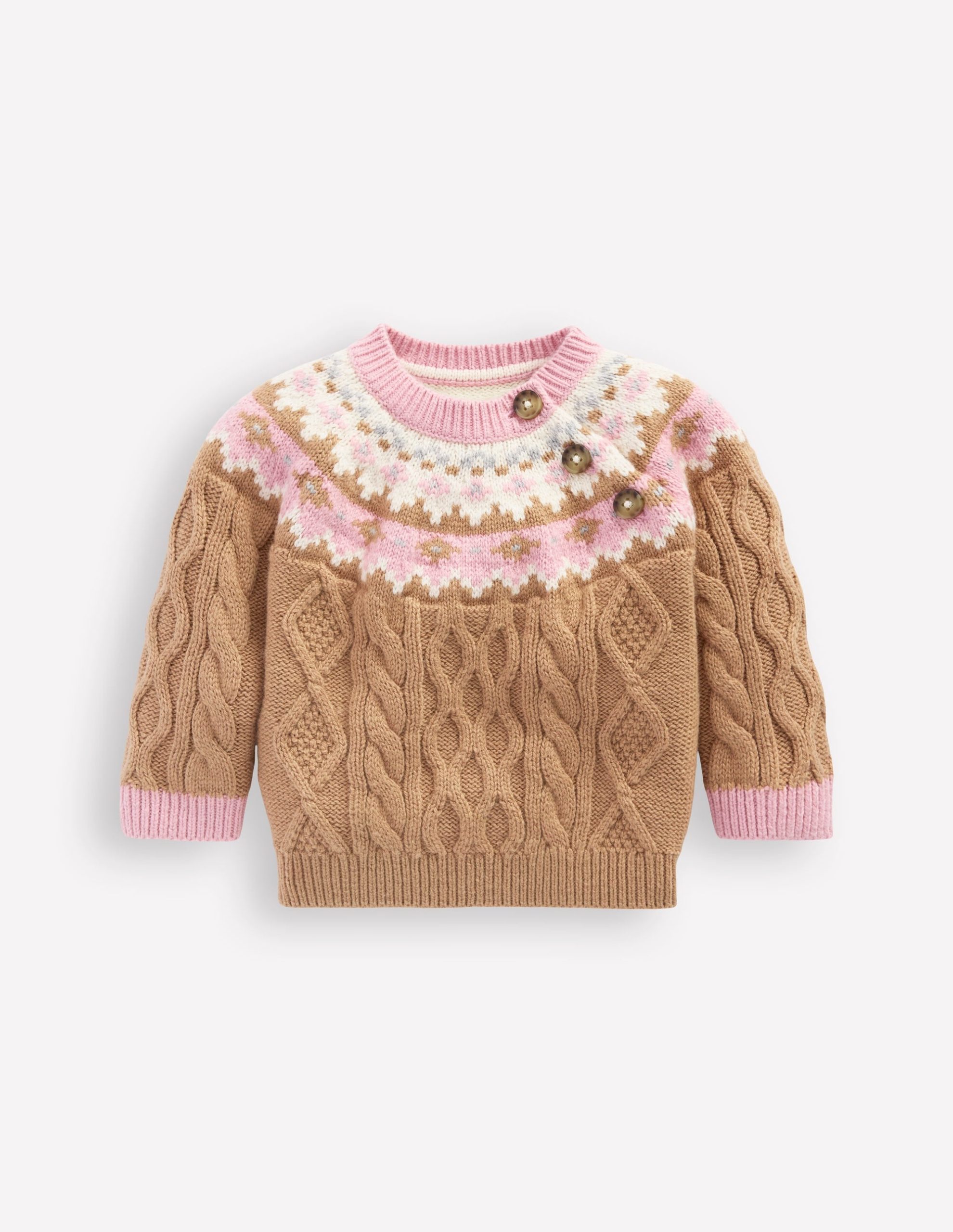 Girls Fair Isle Cable Sweater-Camel Melange Fair Isle