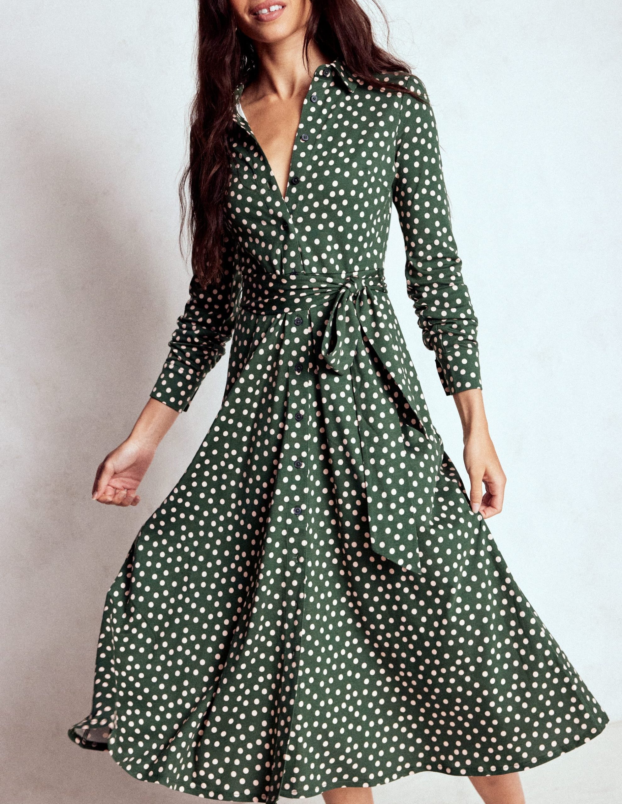 Marcia Jersey Shirt Dress-Hunter Green. Painted Dot - Image 4