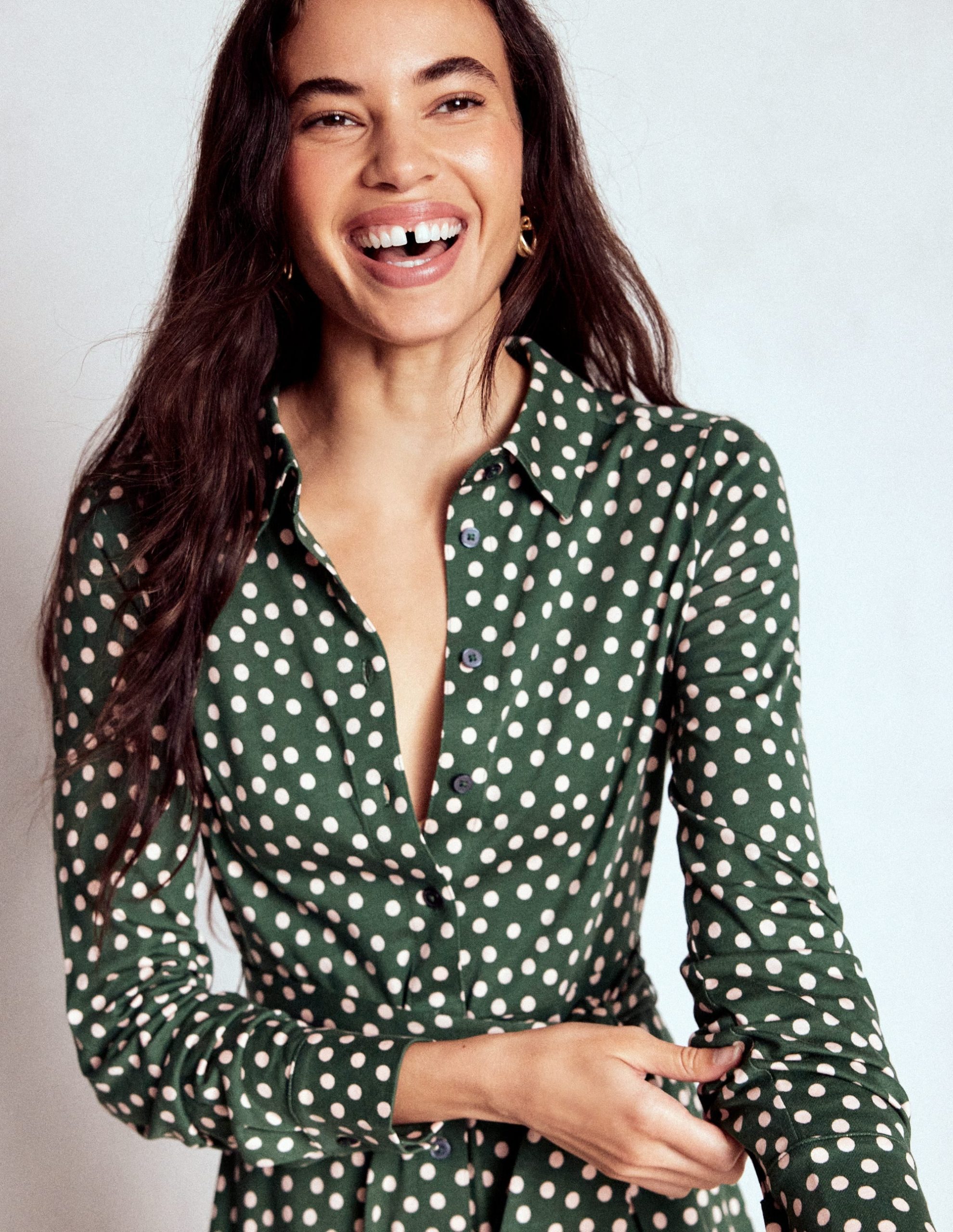 Marcia Jersey Shirt Dress-Hunter Green. Painted Dot - Image 5