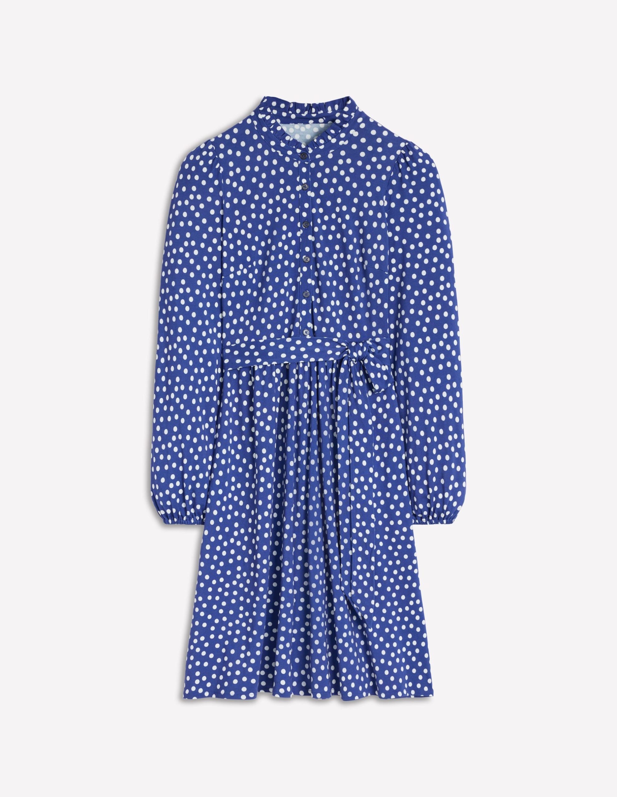Willow Ruffle Neck Shirt Dress-Bright Blue. Dot - Image 5