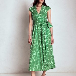 Julia Cotton Wrap Midi Dress-Highland Green. Painted Dot