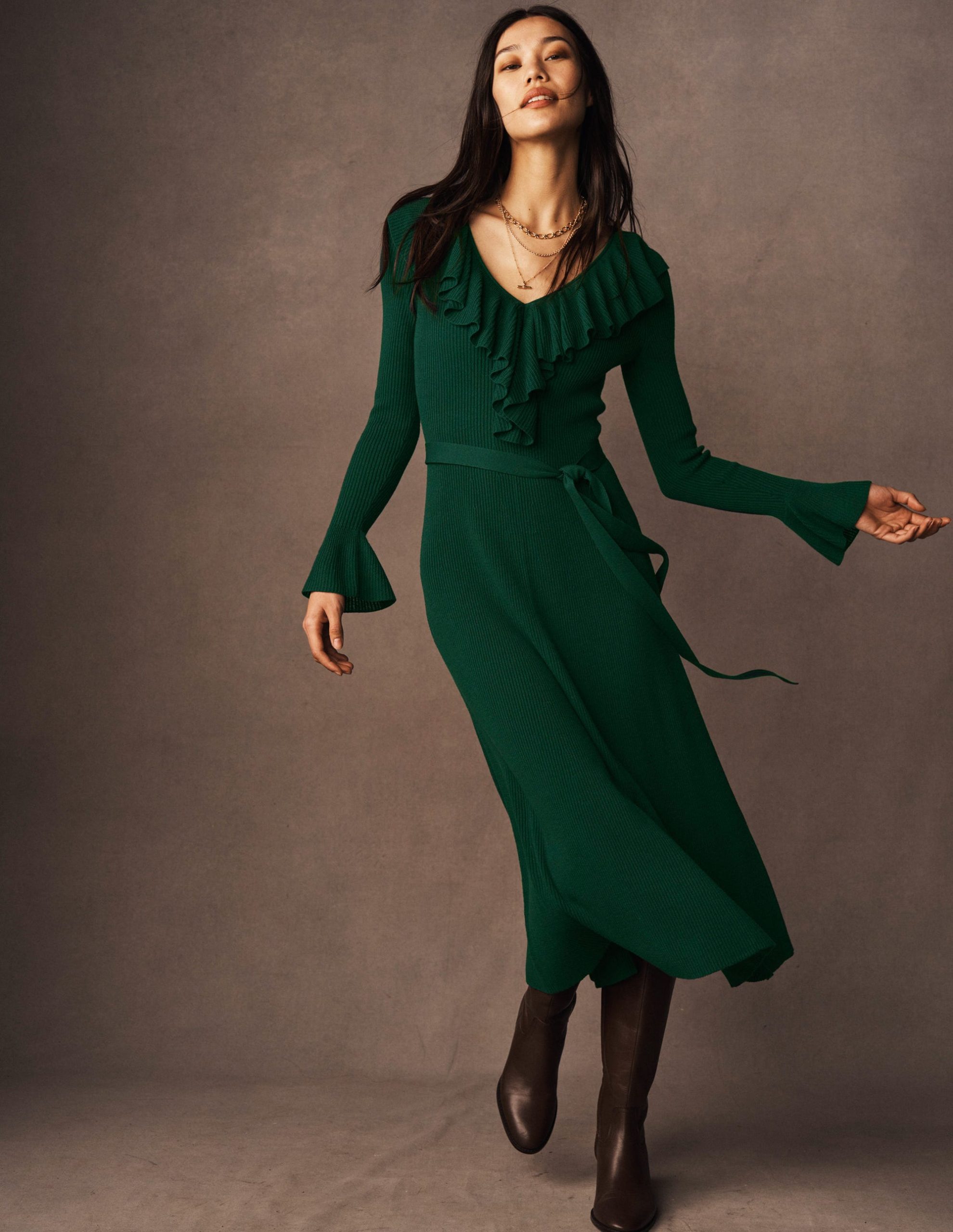 Ruffled Ribbed Dress-Emerald Night - Image 6