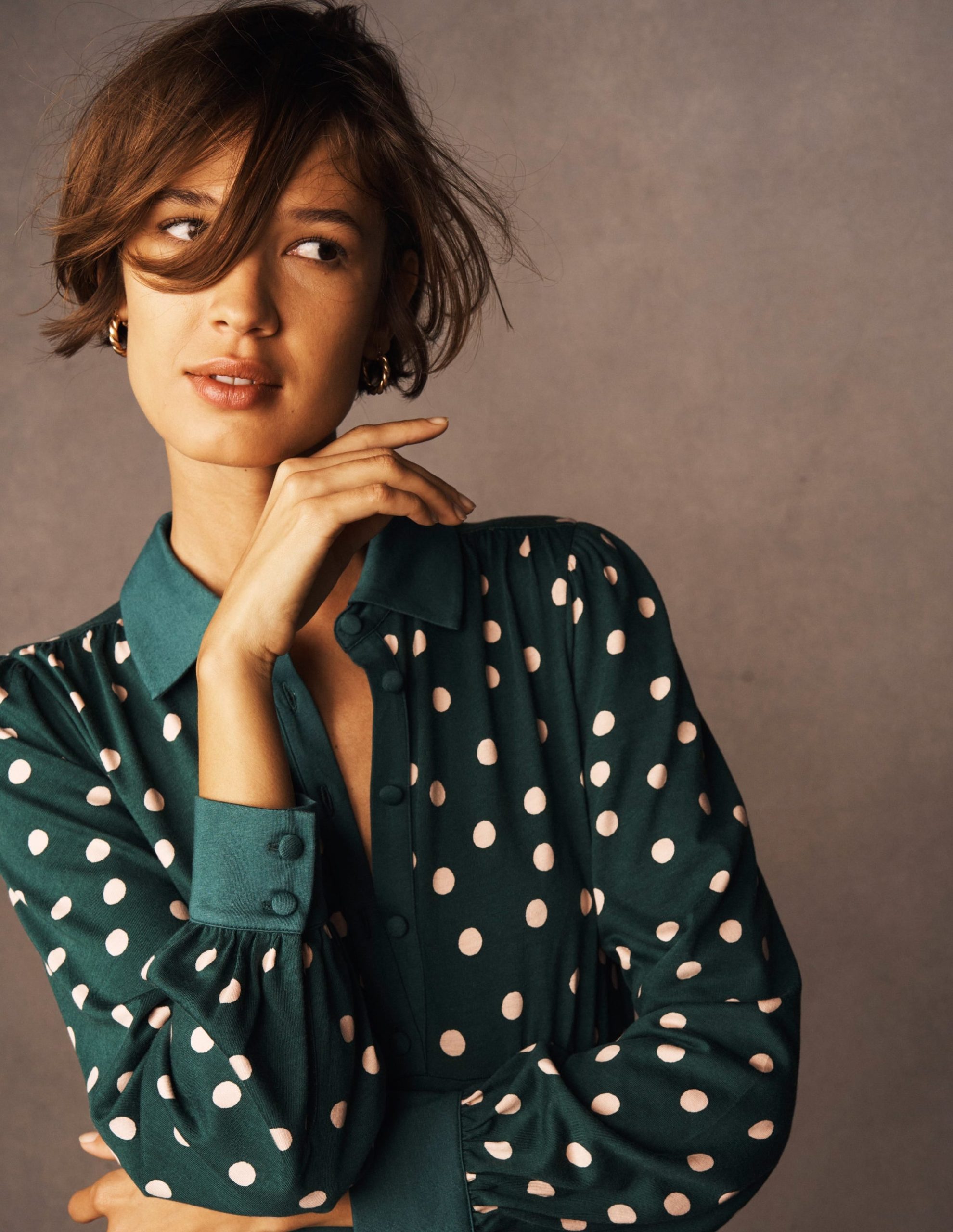 Empire Waistline Shirt Dress-Emerald Night. Painted Dot - Image 6