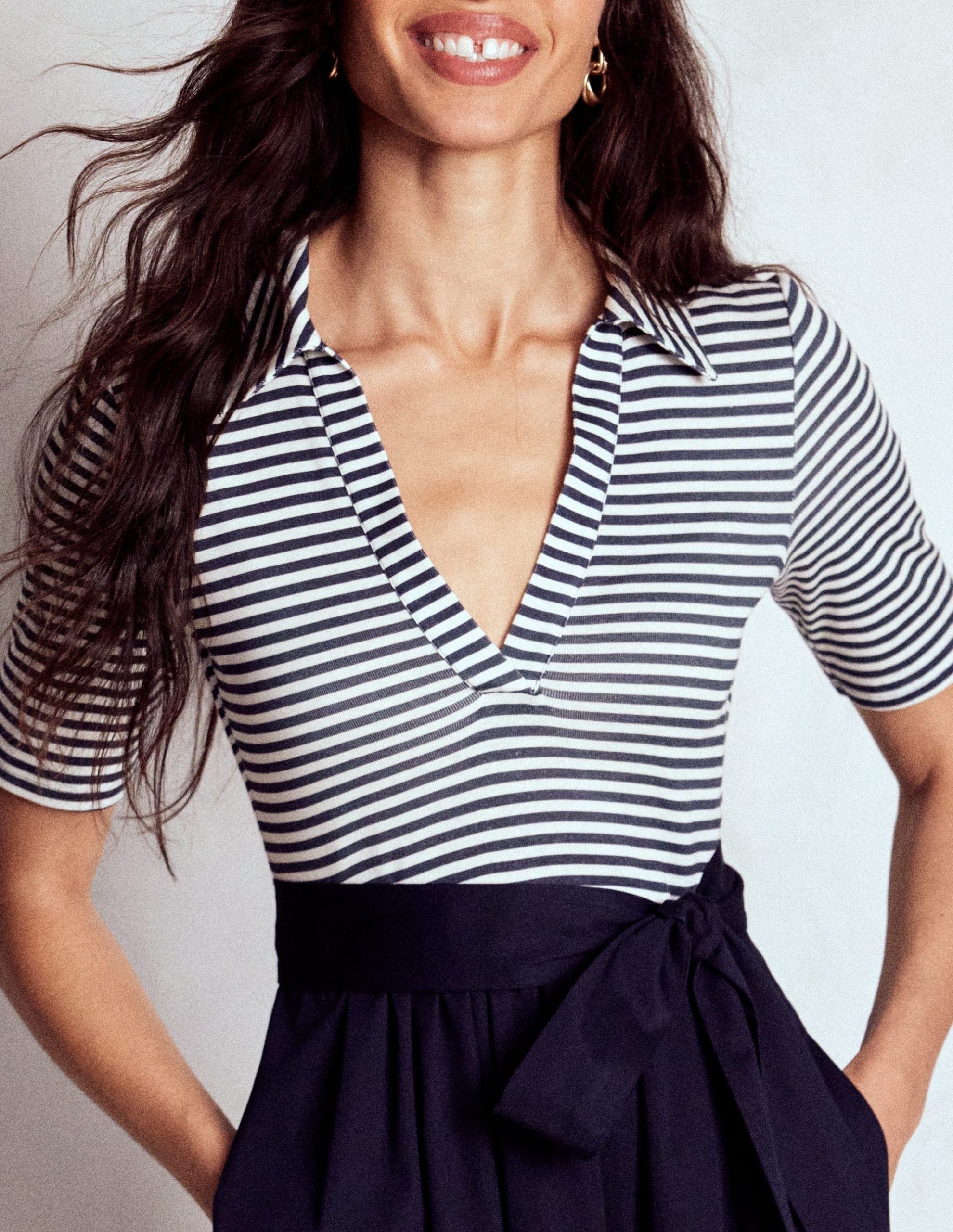 Collar Detail Mix Midi Dress-Navy. Ivory Stripe - Image 2