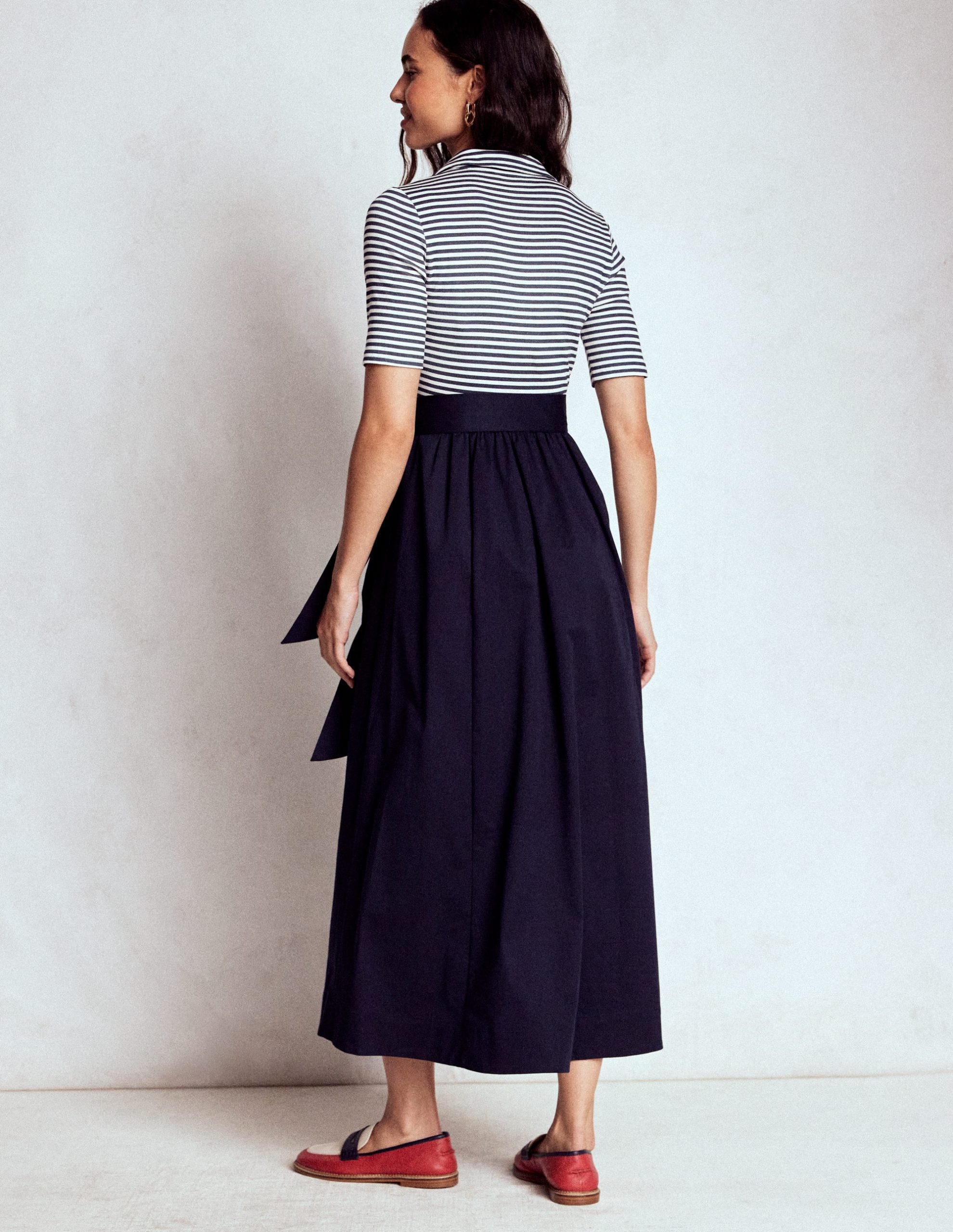 Collar Detail Mix Midi Dress-Navy. Ivory Stripe - Image 3