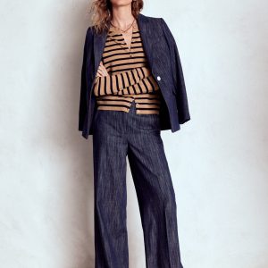Eva Cashmere Crew Cardigan-Camel Melange/Navy Stripe