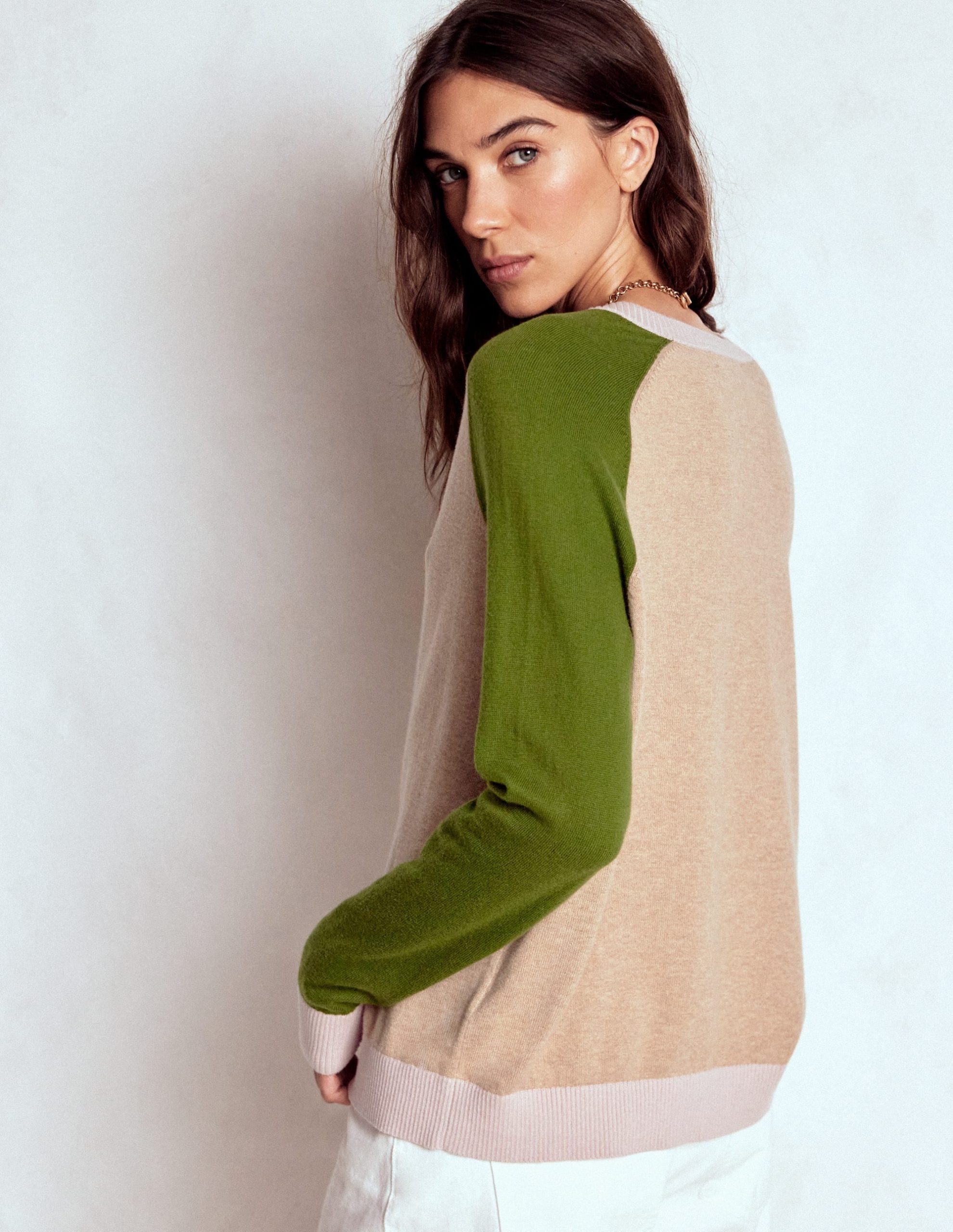 Meg Raglan Sleeve Cardigan-Oatmeal. Green Colour Block - Image 3