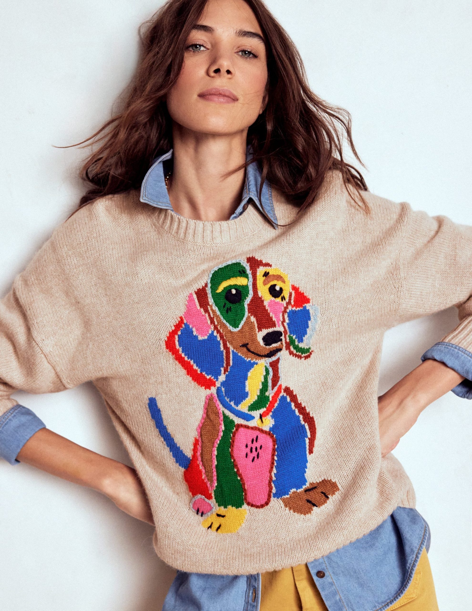 Natalie Embroidered Sweater-Oatmeal Melange. Daschund