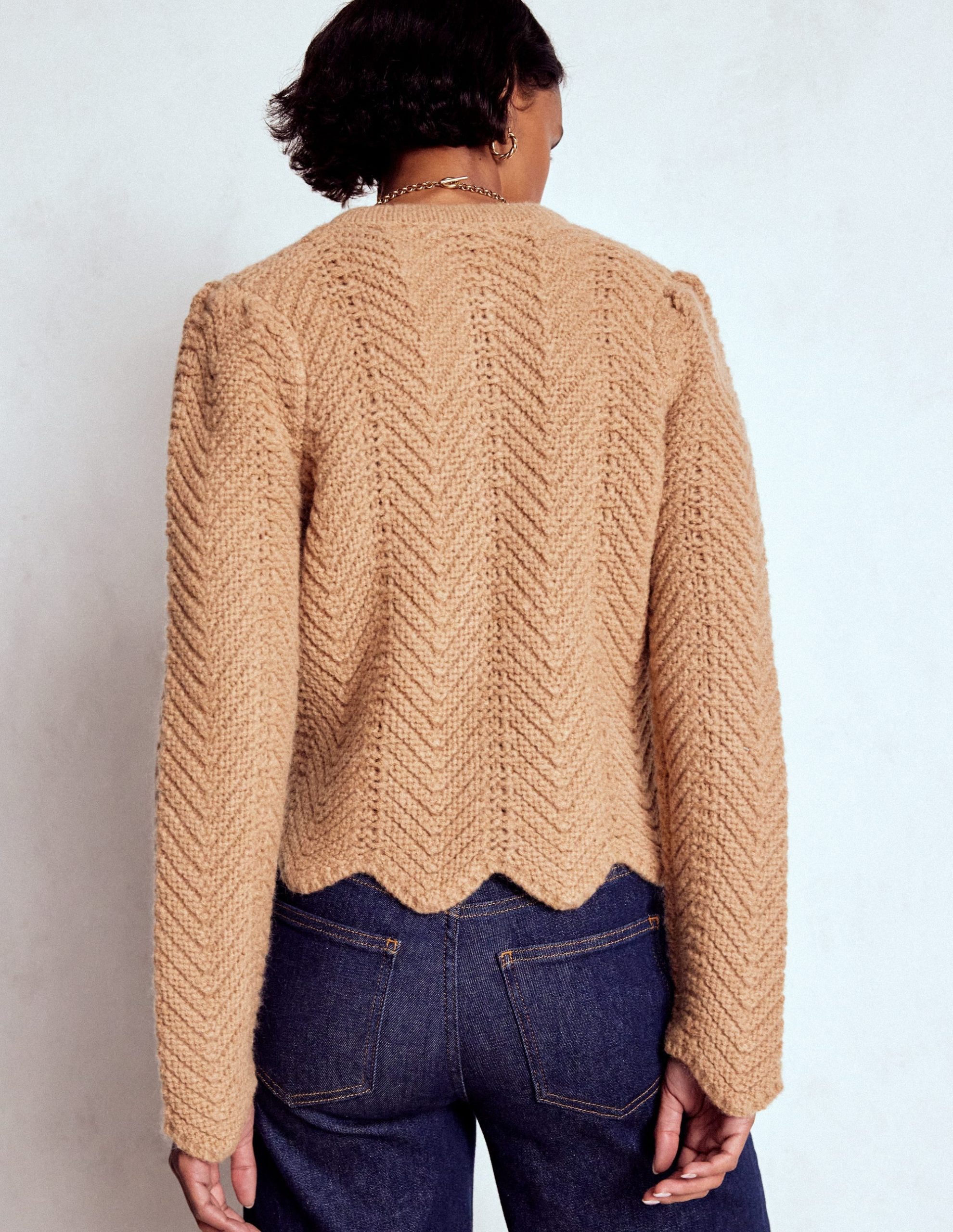 Chunky Chevron Knitted Jacket-Camel - Image 3