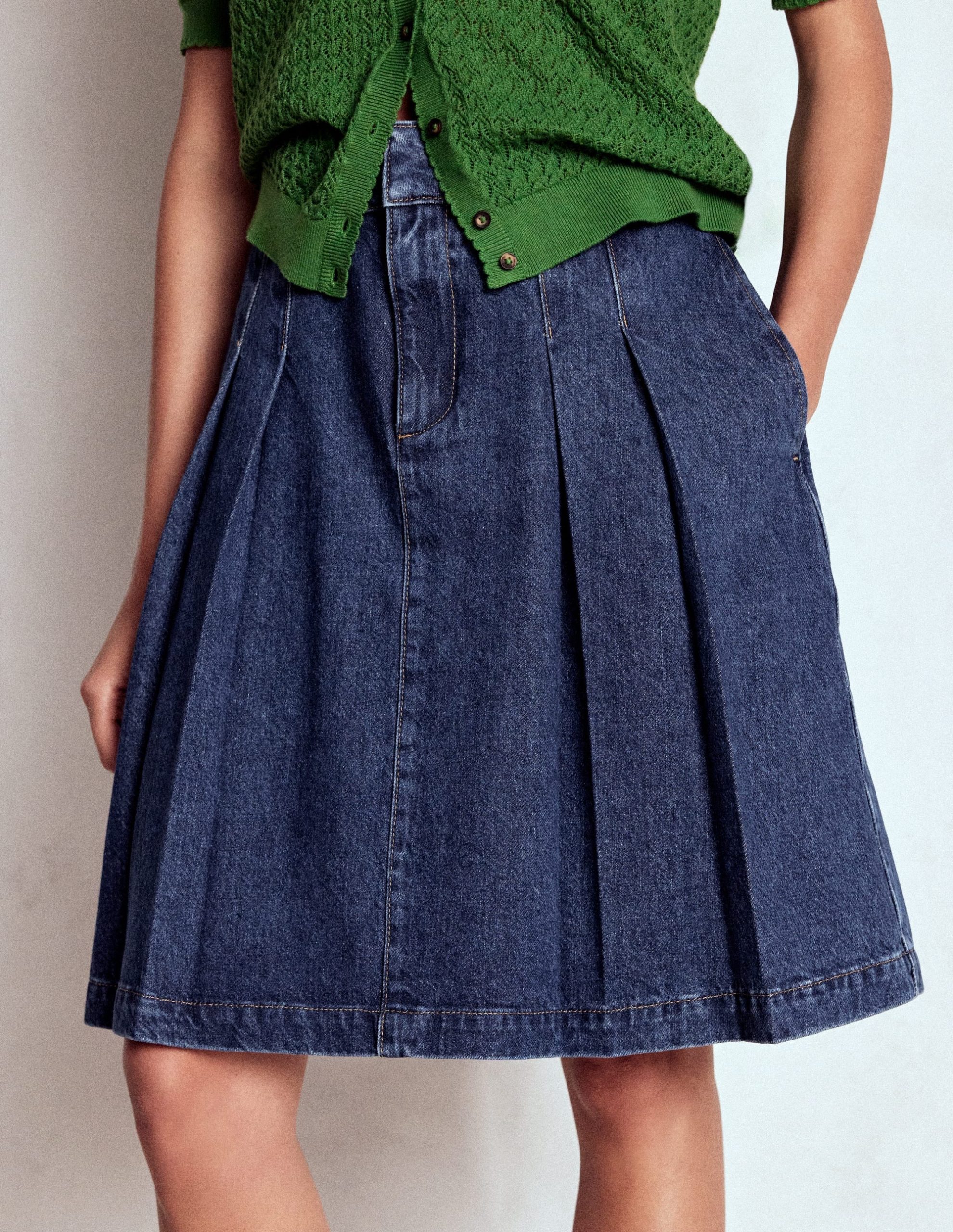 Pleated Denim Skirt-Mid Wash - Image 4