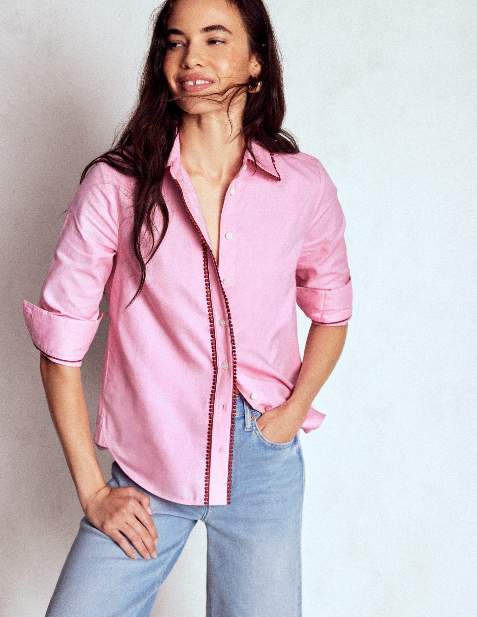 Sienna Interest Cotton Shirt-Pink. Pom Trim - Image 4
