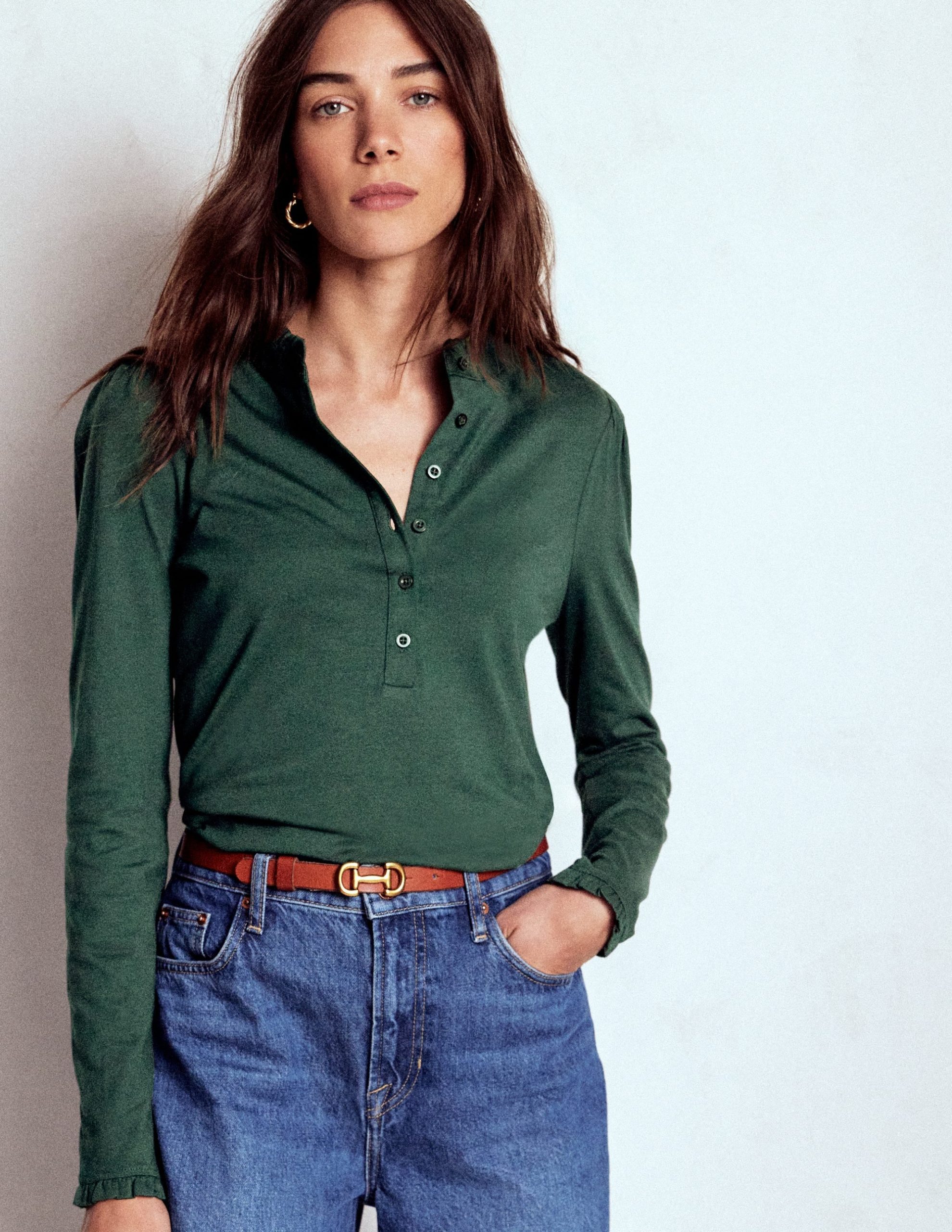 Supersoft Frill Henley Top-Green Pine - Image 4