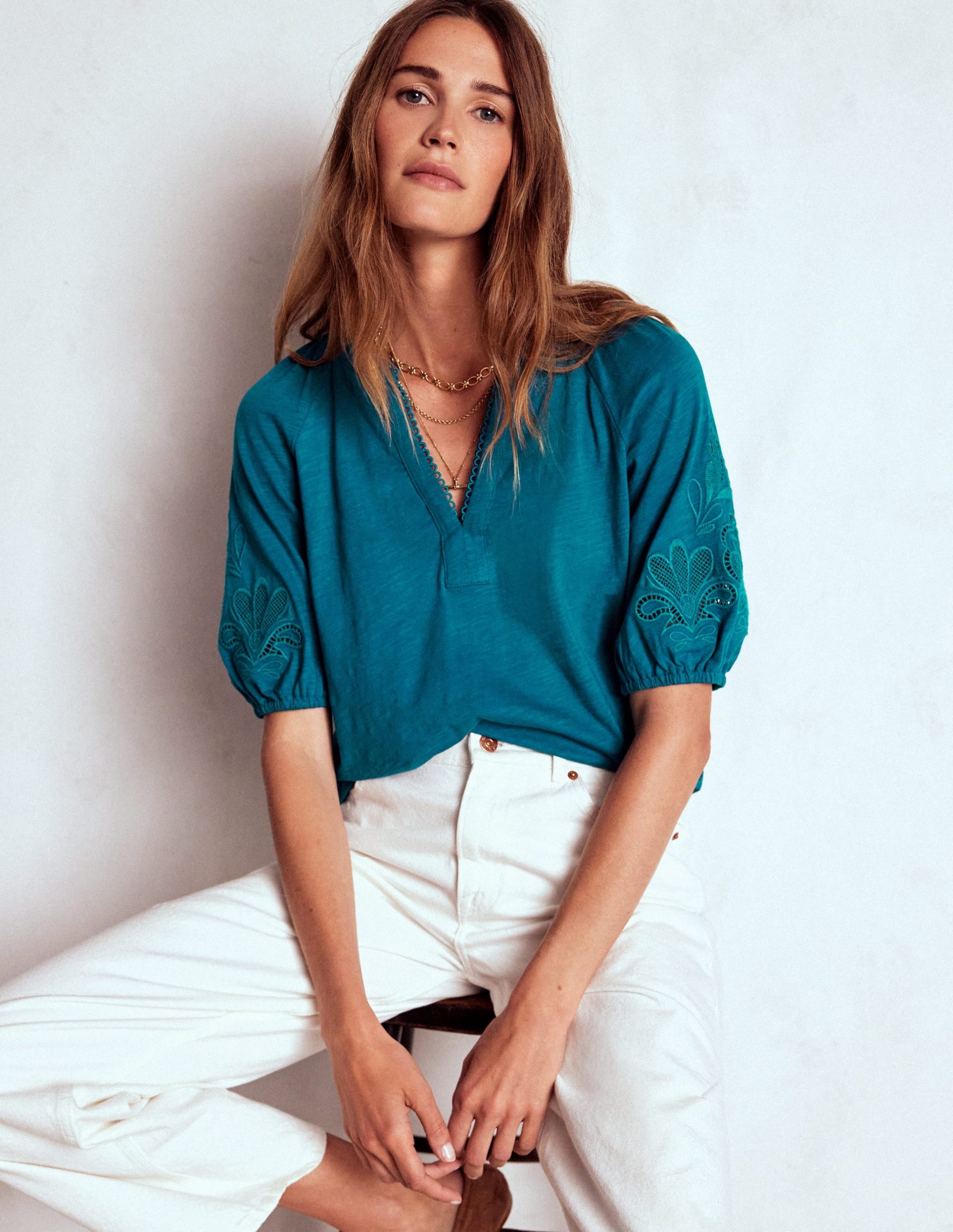 Cutwork Notch Neck Top-Deep Sea Green - Image 2