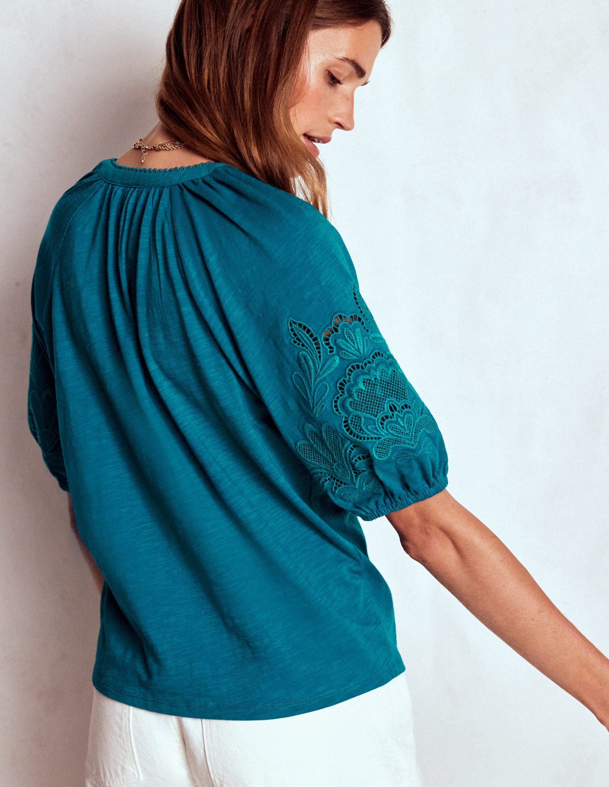 Cutwork Notch Neck Top-Deep Sea Green - Image 3