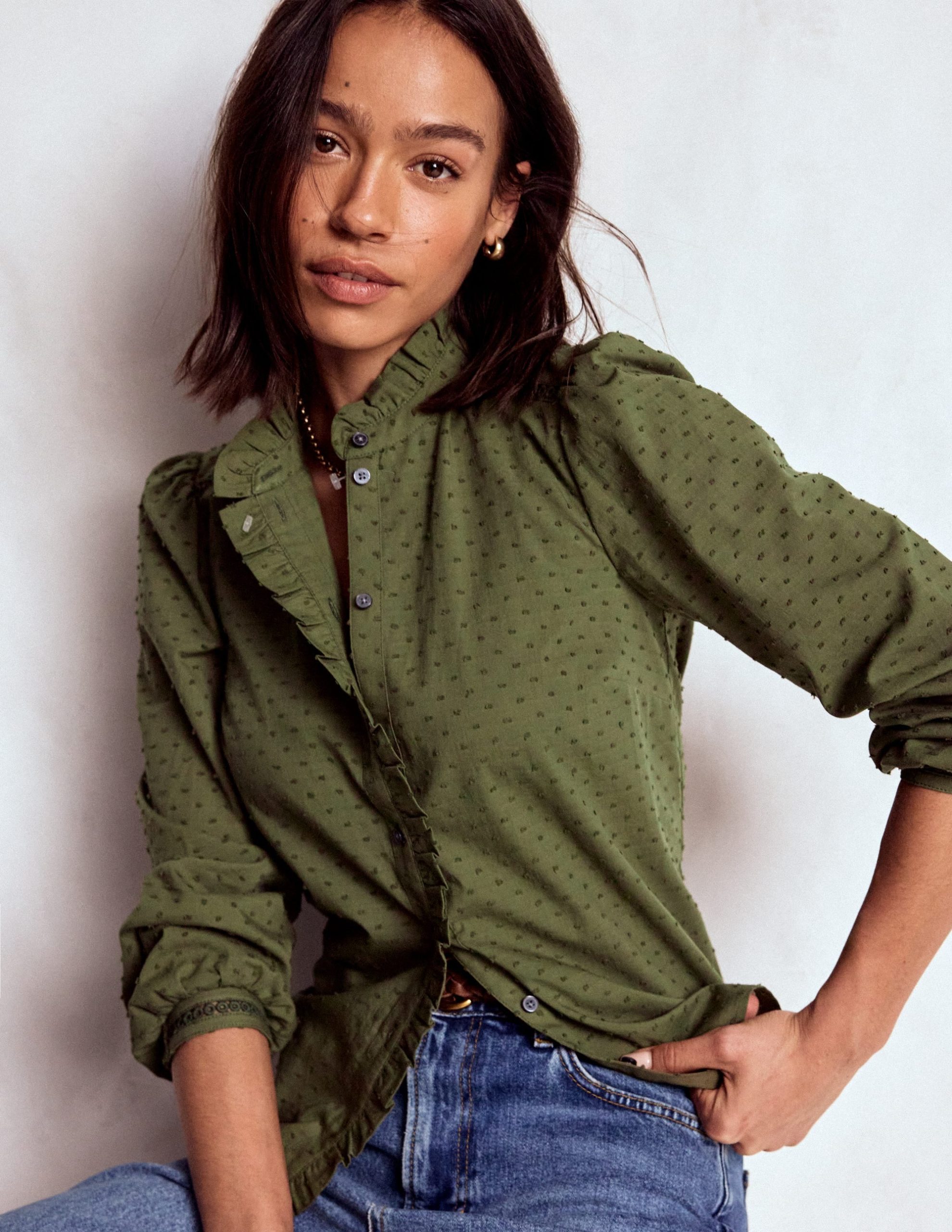 Helena Cotton Dobby Top-Woodland Green