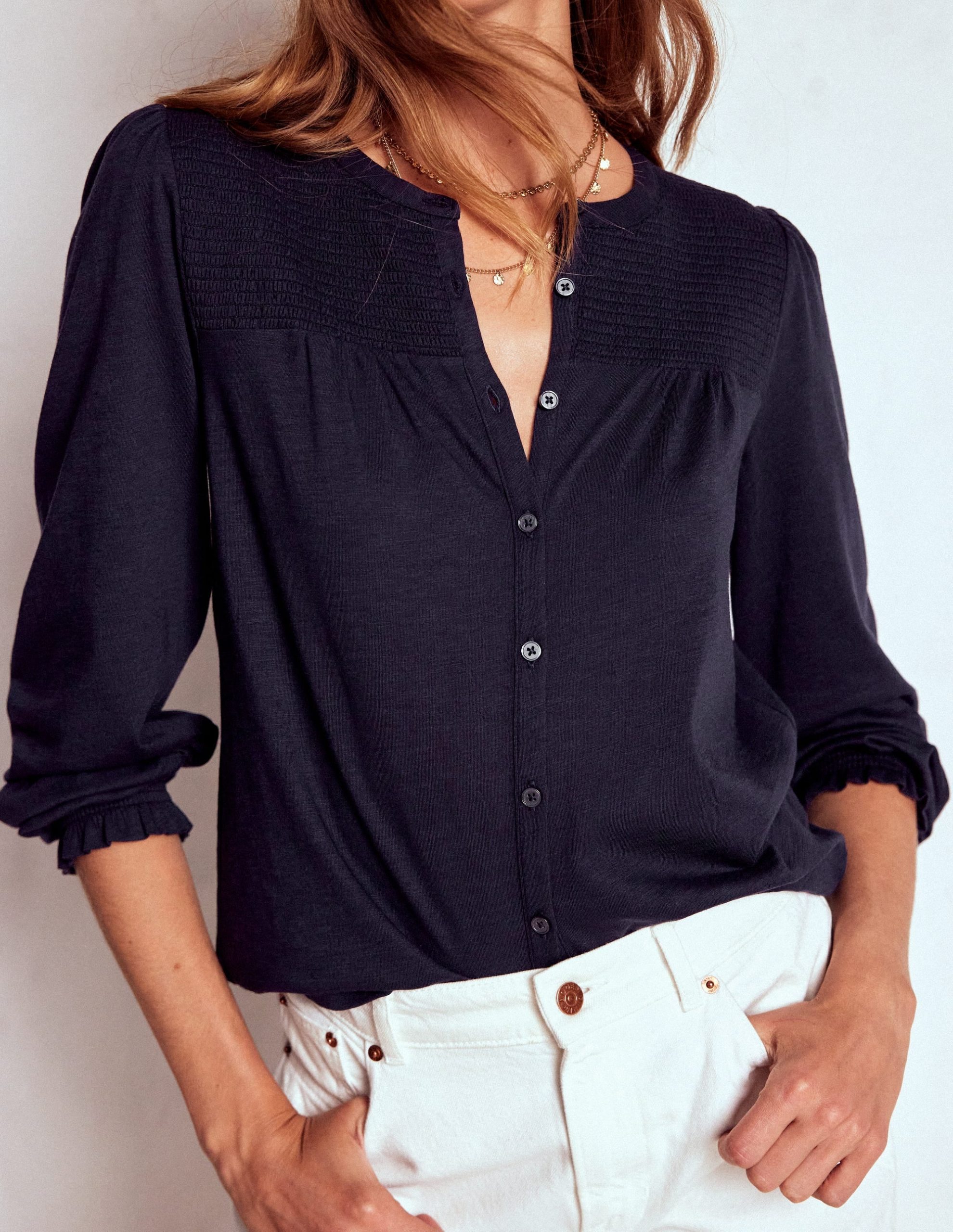 Elsa Smocked Yoke Jersey Shirt-Navy - Image 4