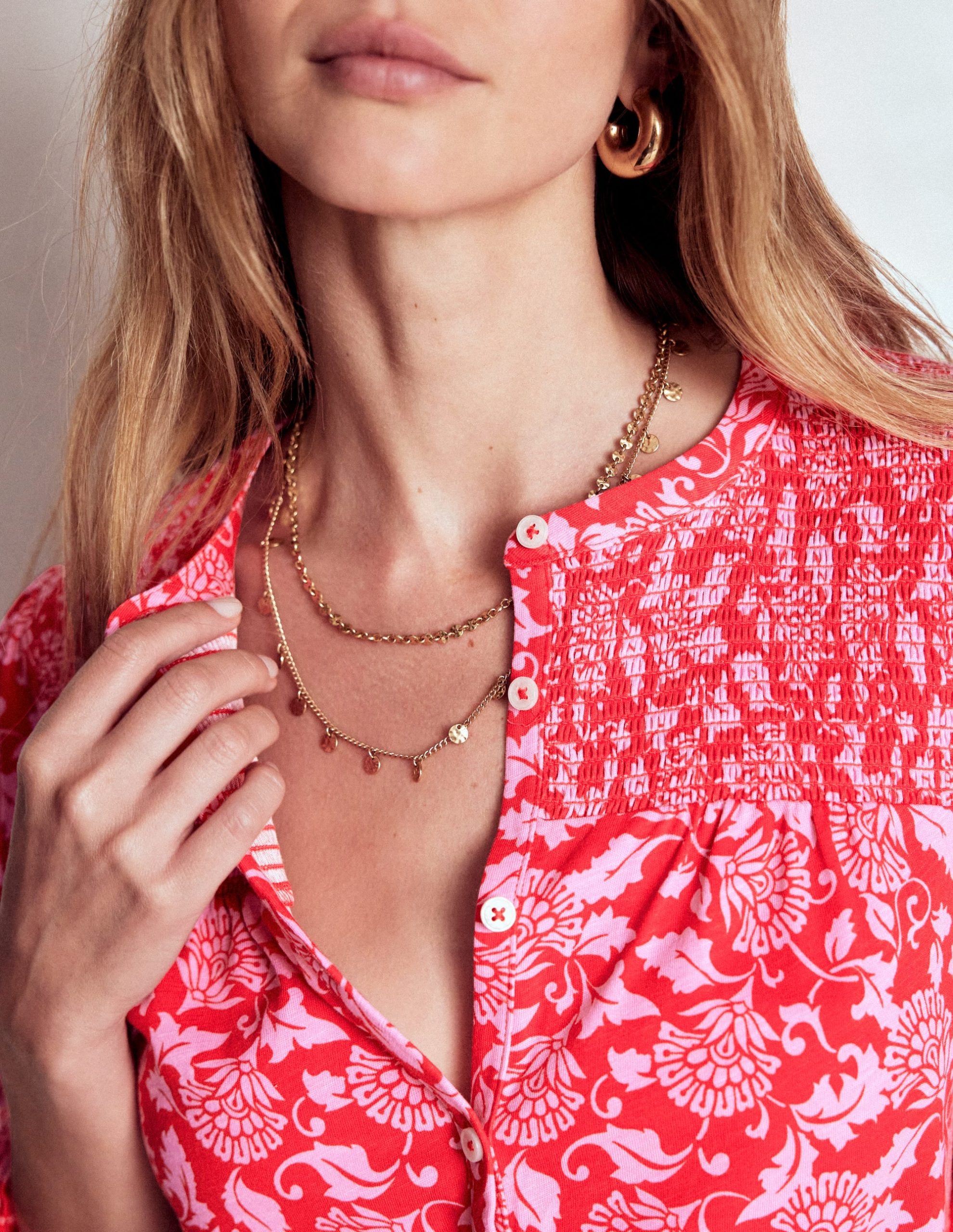 Elsa Smocked Yoke Jersey Shirt-Poppy Red. Ornate Vine - Image 2