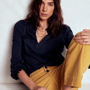 Aria Broderie Notch Neck Top-Navy