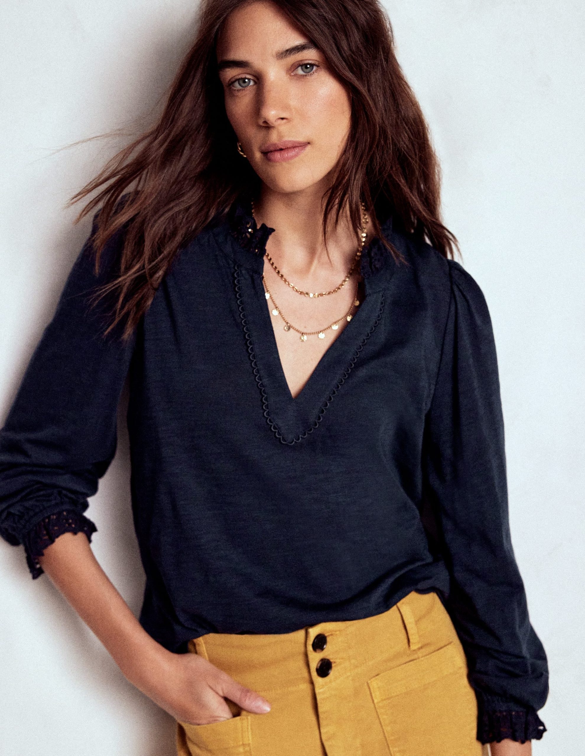 Aria Broderie Notch Neck Top-Navy - Image 4