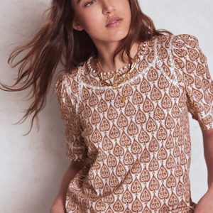 Mila Lace Trim Top-Ivory and Cognac. Ornate Geo