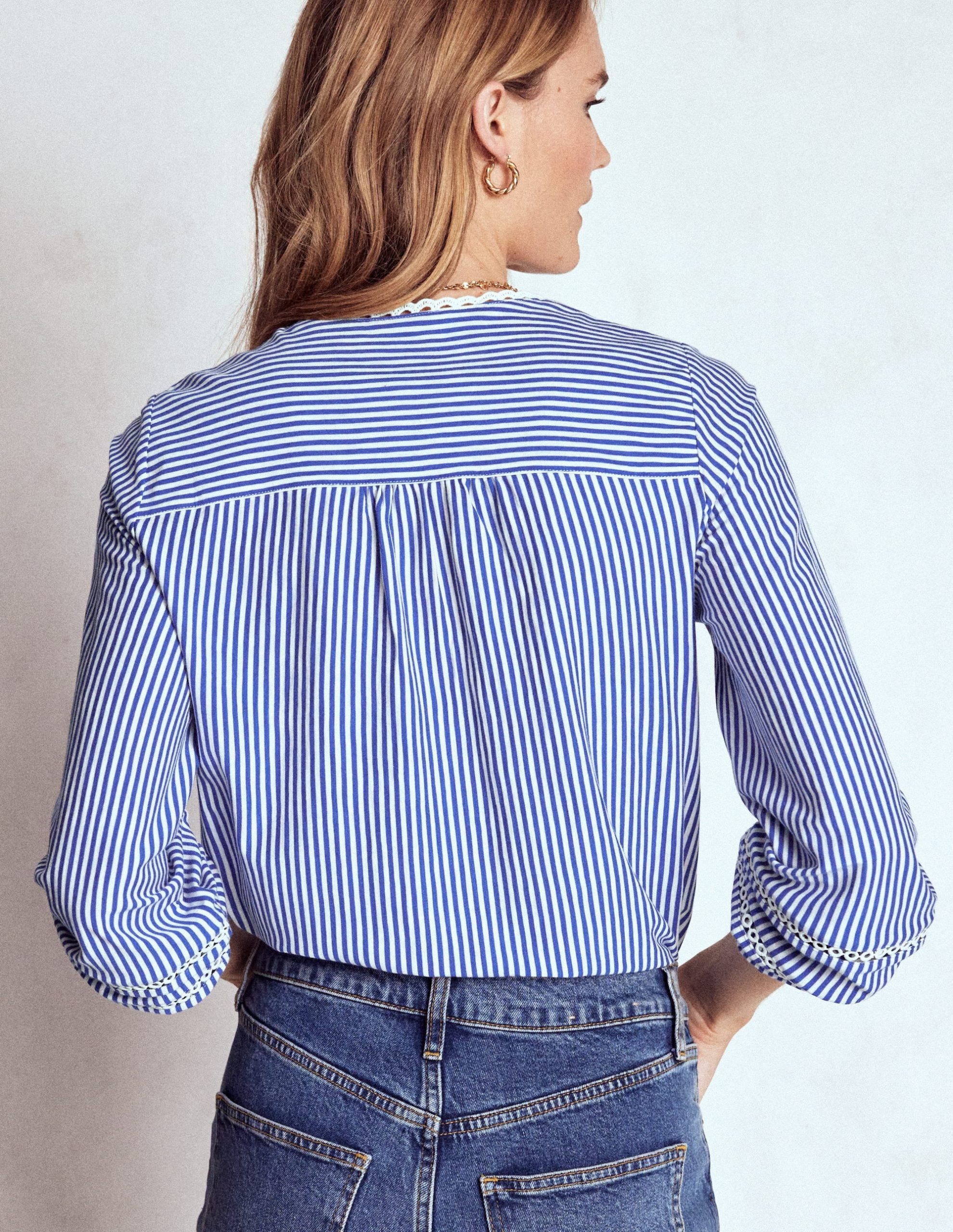 Trim Detail Jersey Shirt-Bright Blue. Ivory Stripe - Image 3