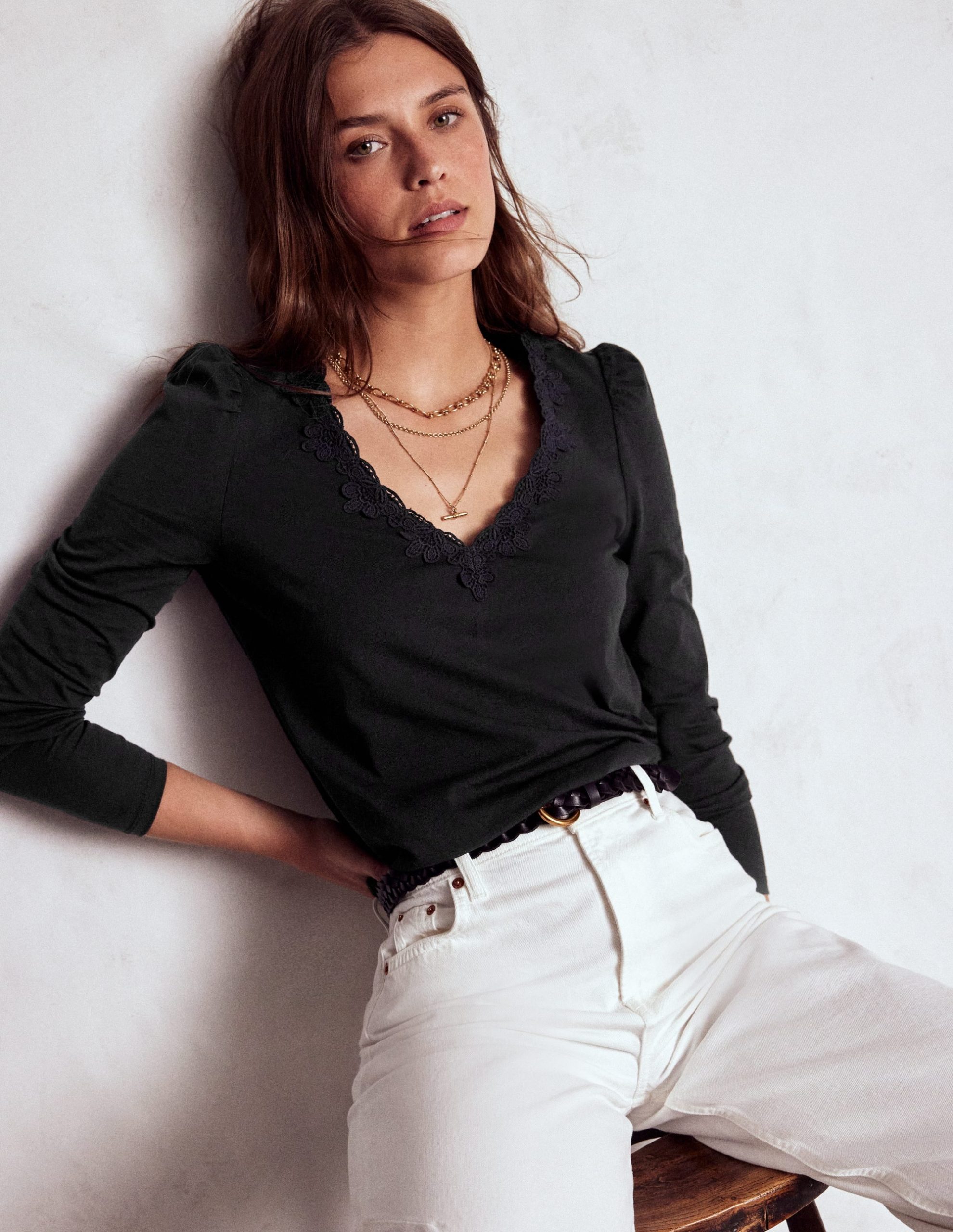 Flora Lace V-neck Top-Black