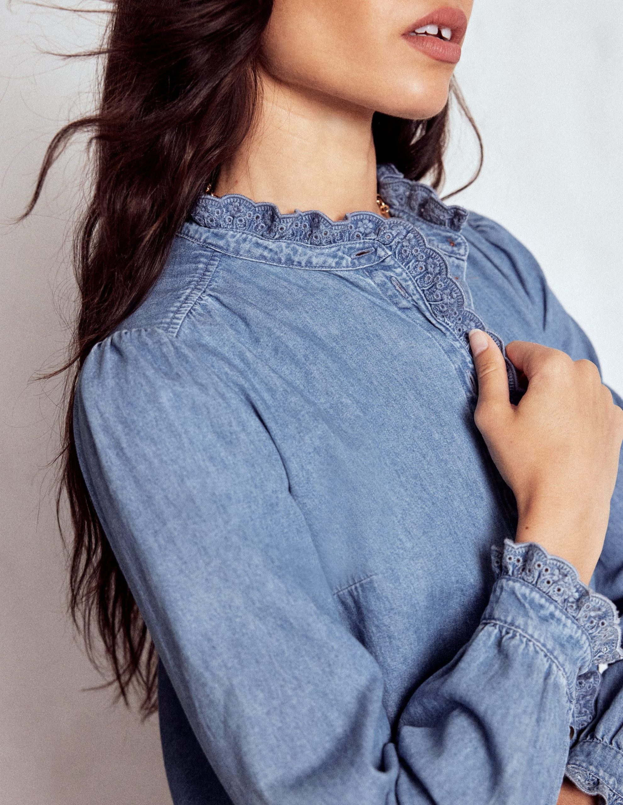 Helena Denim Ruffle Neck Top-Light Authentic