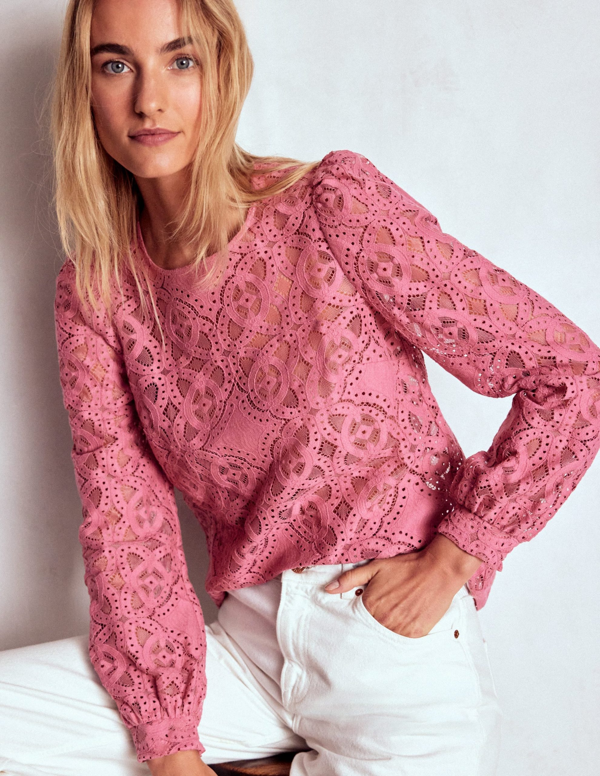 Lace Crew Neck Top-Heather Rose