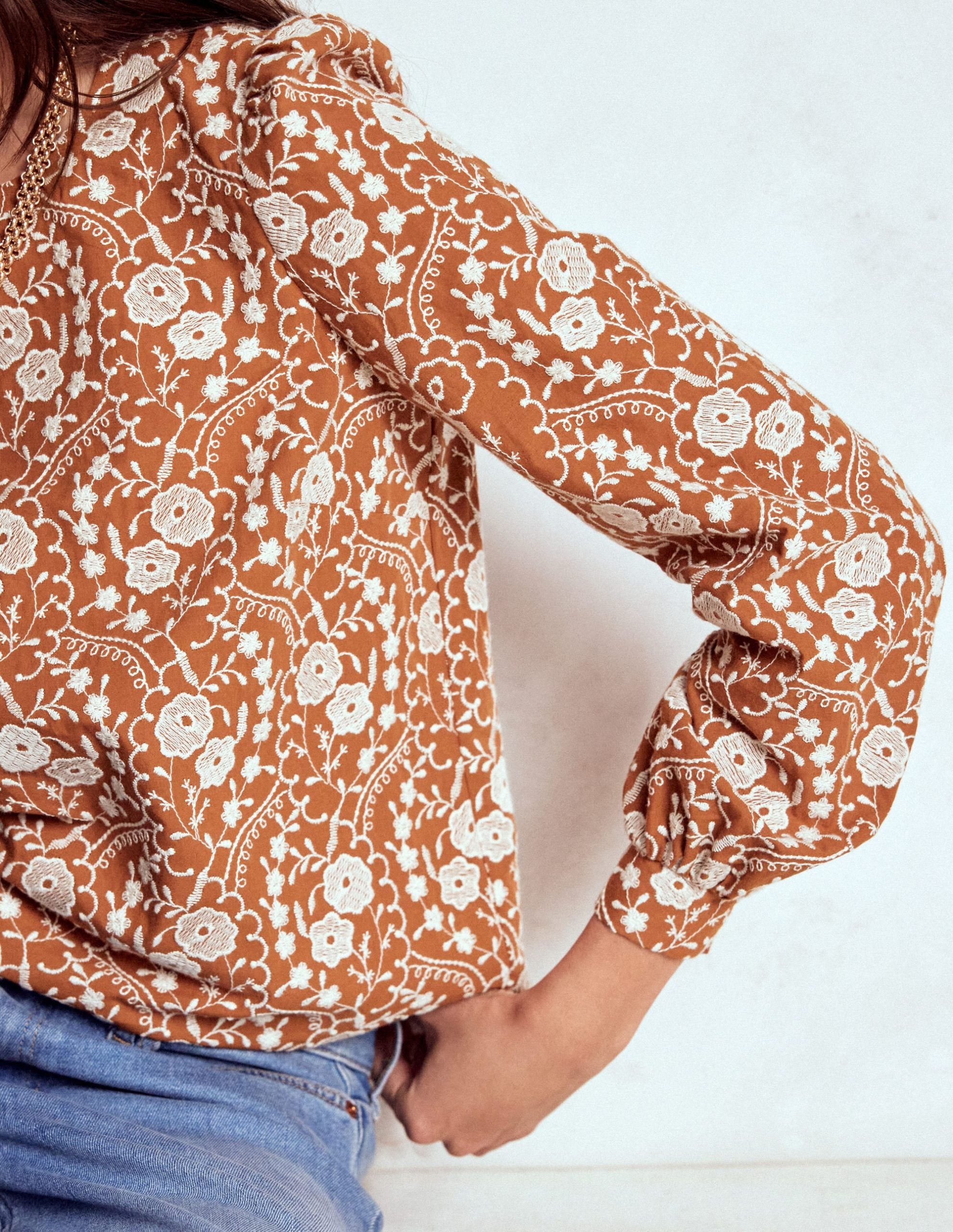 Embroidered Cotton Dobby Top-Brown - Image 2