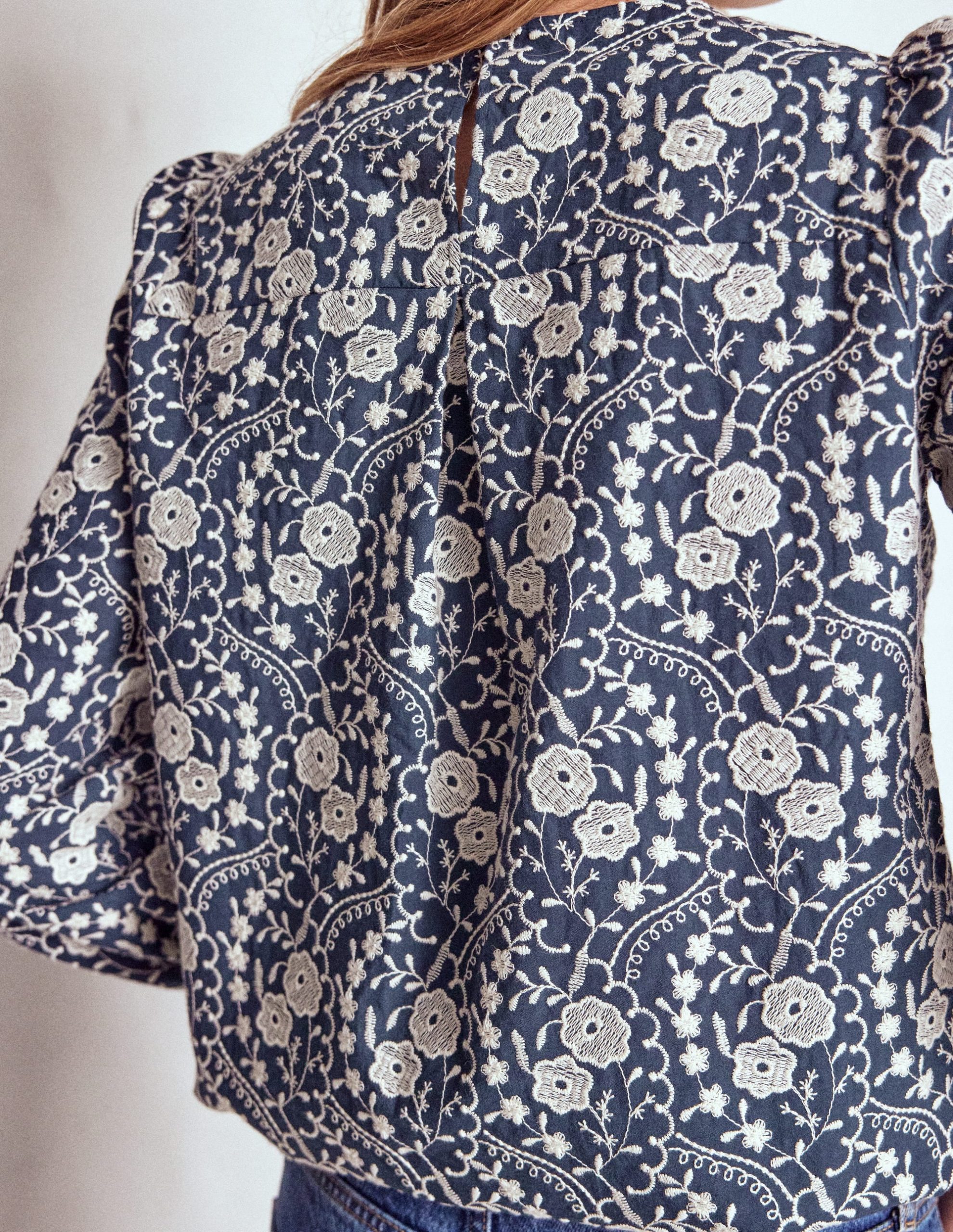 Embroidered Cotton Dobby Top-Navy - Image 5