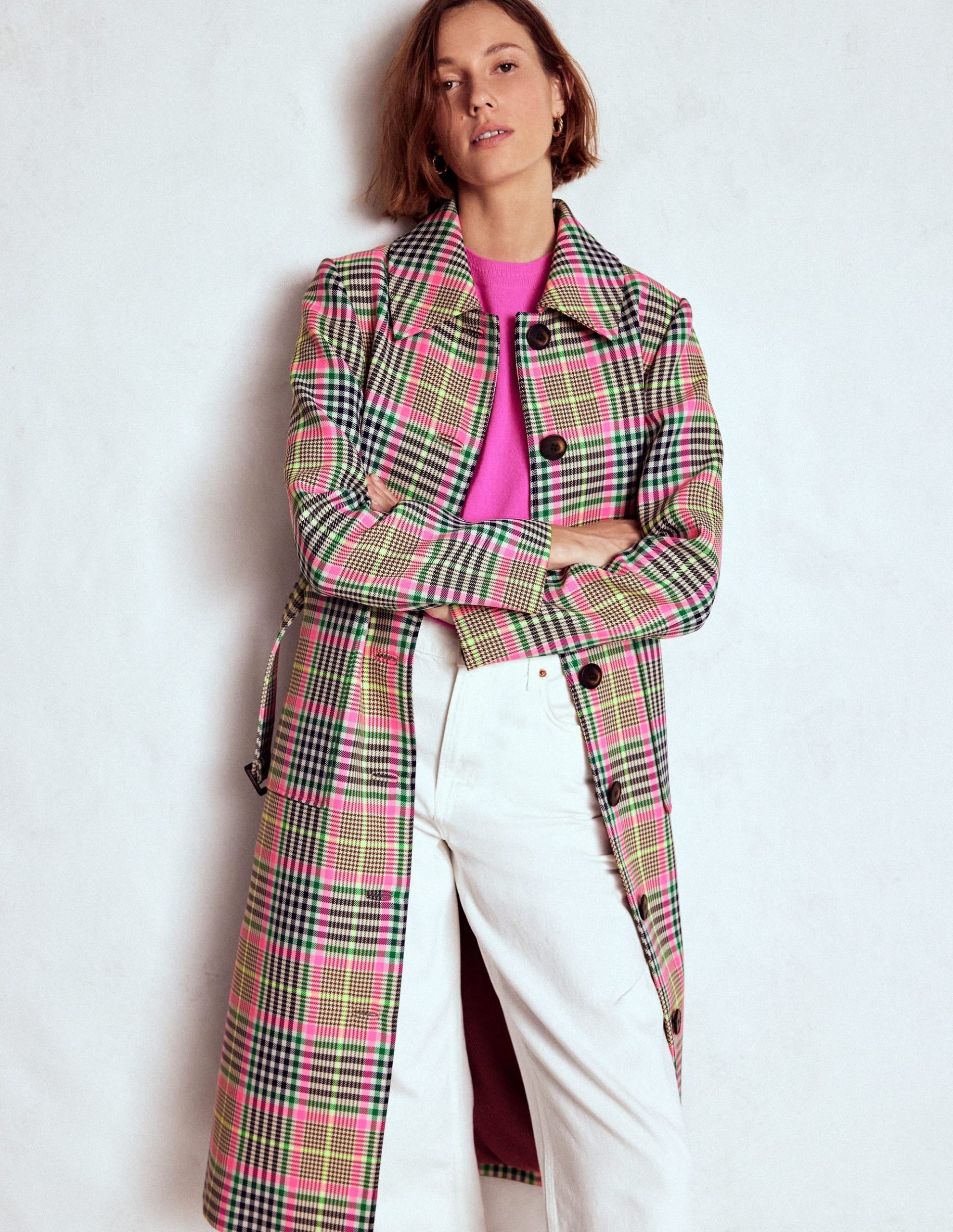 Lancaster Belted Mac-Brown. Neon Pink Check