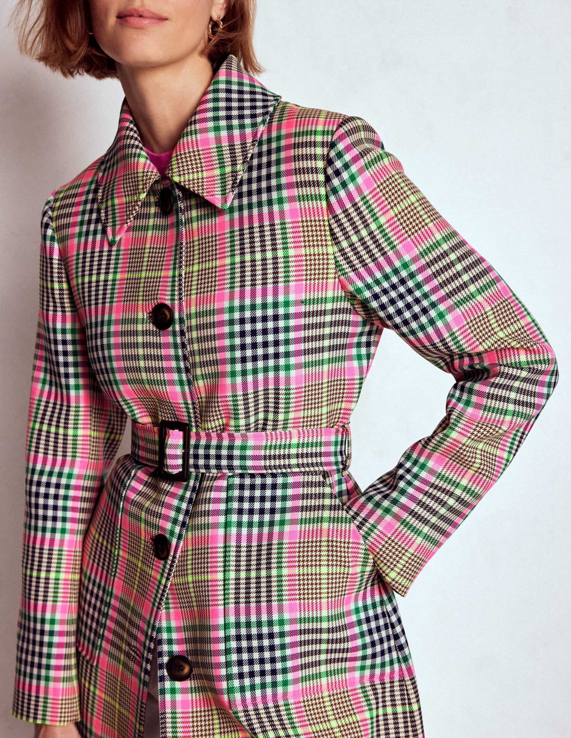 Lancaster Belted Mac-Brown. Neon Pink Check - Image 2