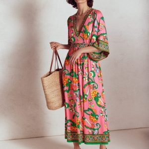 Maya Kimono Jersey Maxi Dress-Pink Rose. Foliage Trail