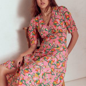 Rosie Godet Tea Dress-Pink Rose. Foliage Trail
