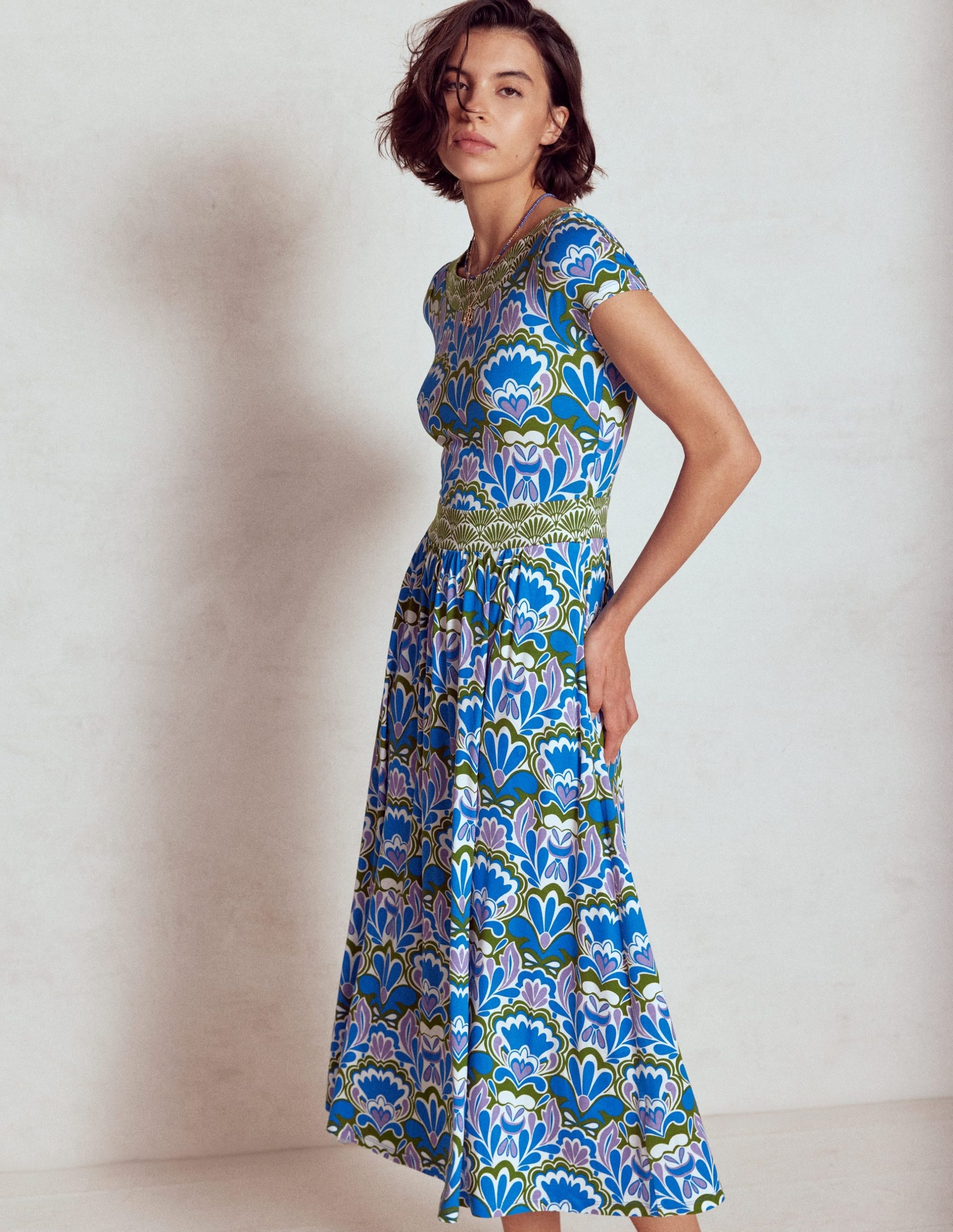 Melanie Jersey Midi Dress-Kingfisher Blue. Freesia Stamp