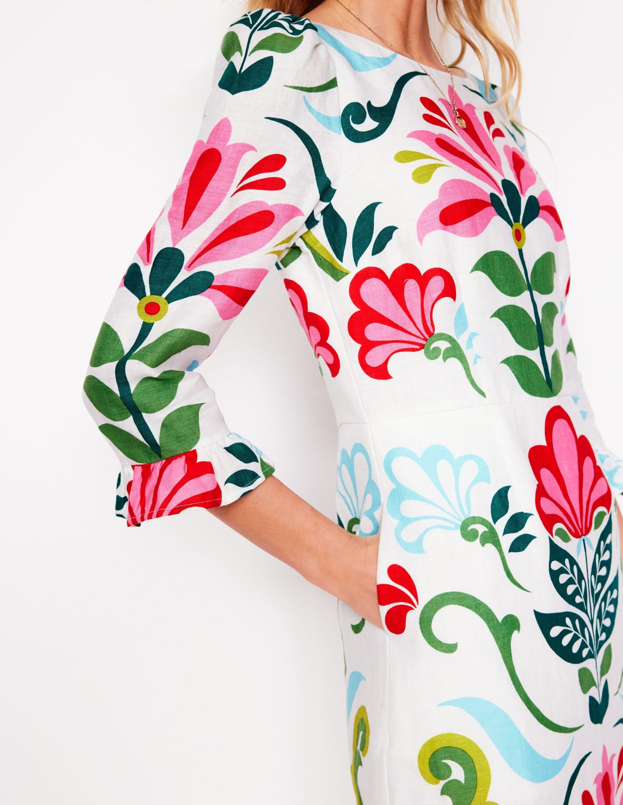 Linen Flute Sleeve Dress-Ivory. Decorative Stems - Image 2