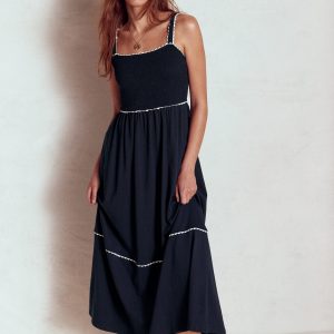 Smocked Trim Maxi Dress-Navy