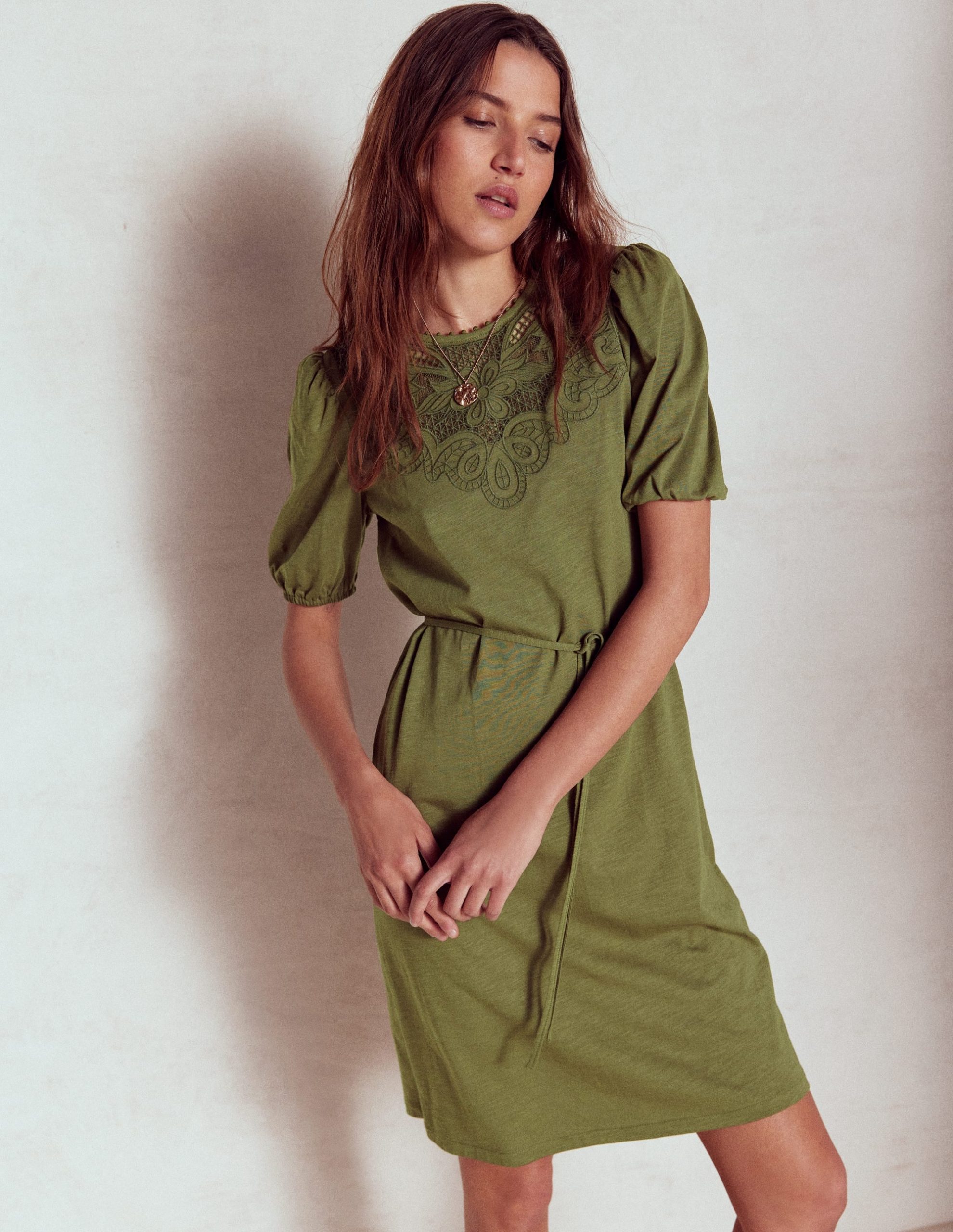 Cutwork Detail Short Dress-Woodland Green - Image 5