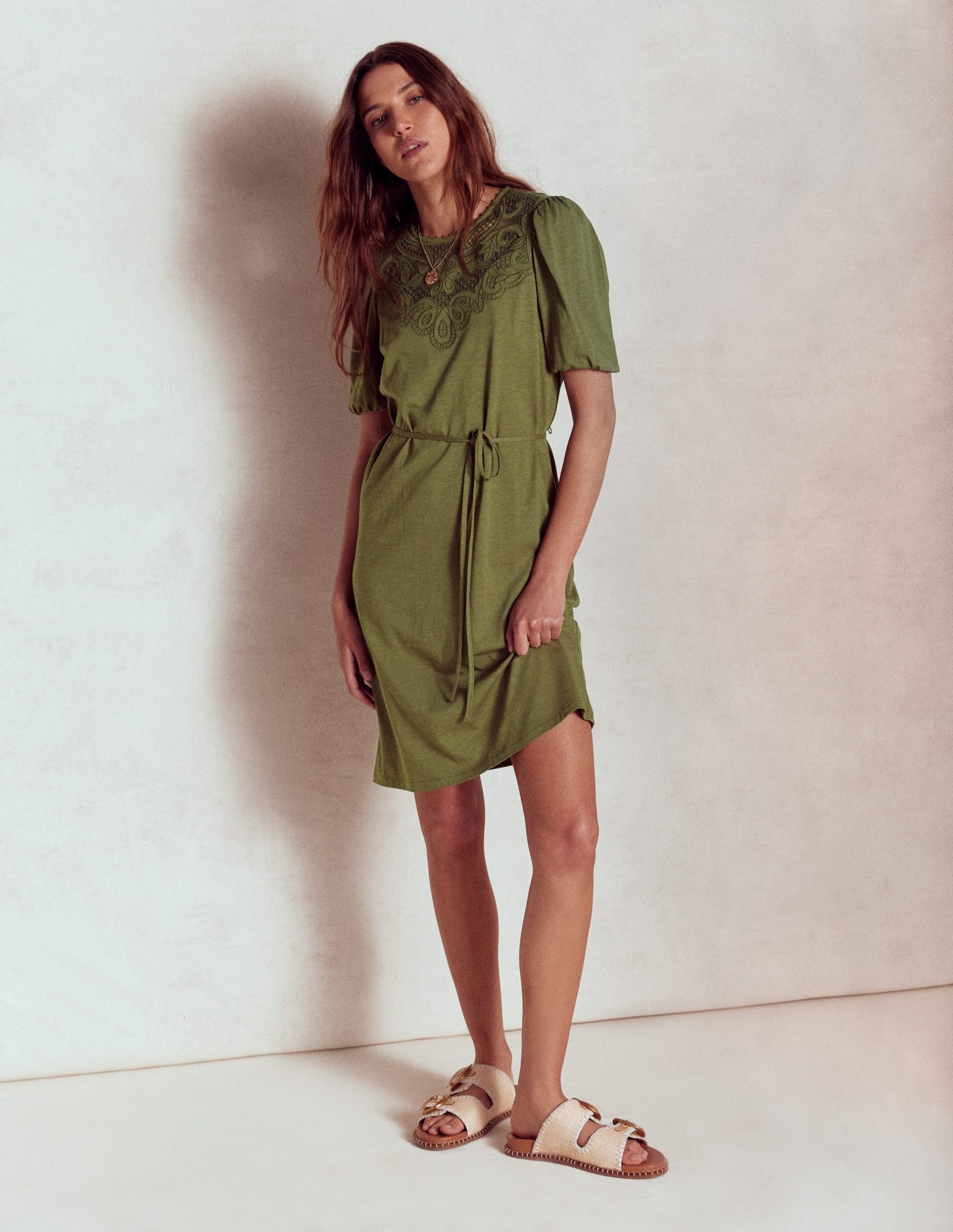 Cutwork Detail Short Dress-Woodland Green - Image 6