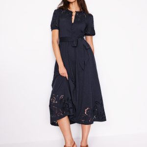 Cutwork Detail Midi Dress-Navy