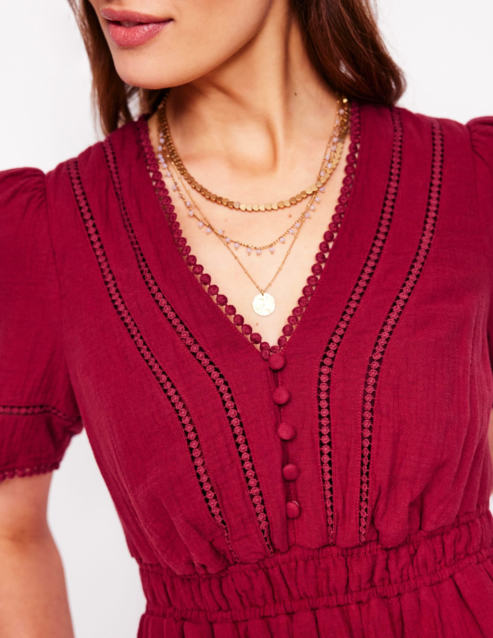 Trim Double Cloth Dress-Garnet Red - Image 2