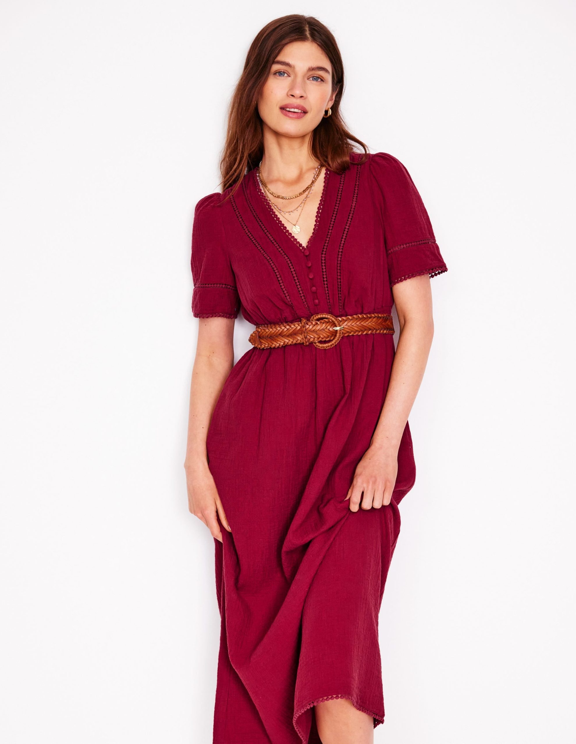 Trim Double Cloth Dress-Garnet Red - Image 4