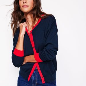 Lara Relaxed Cotton Cardigan-Navy. Poppy Red