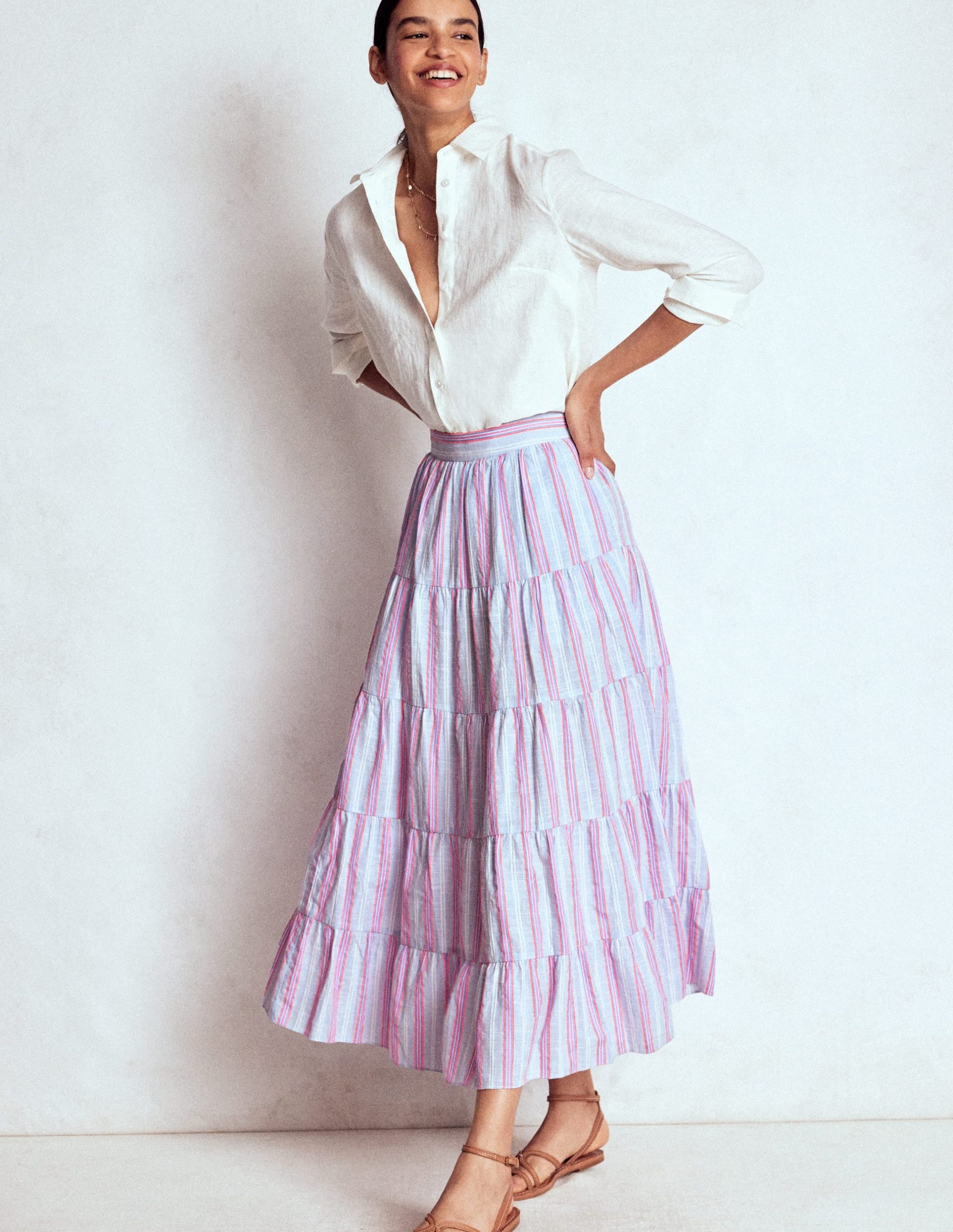 Tiered Poplin Midi Skirt-Metallic Stripe