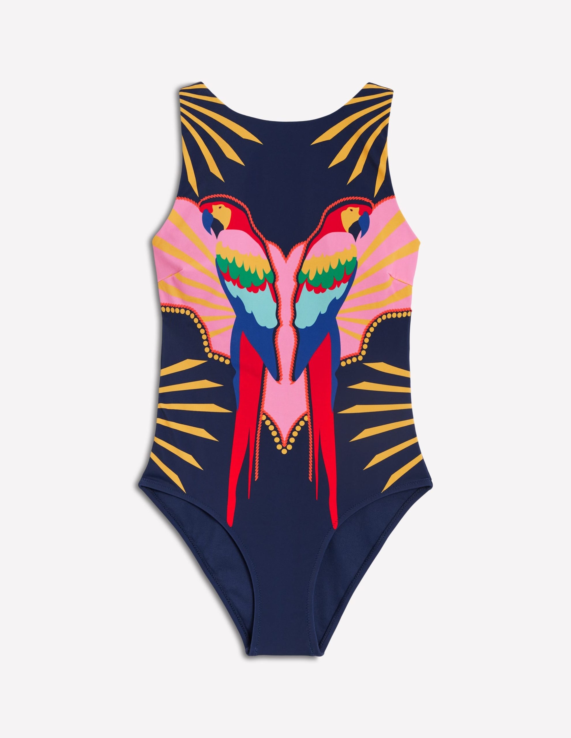 Slash Neck Tie Swimsuit-Navy Paradise Parrot - Image 5