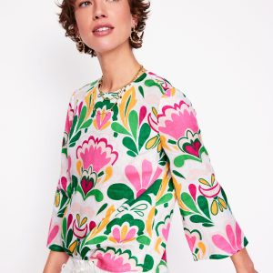 Fluted Sleeve Linen Top-Multi. Freesia Stamp