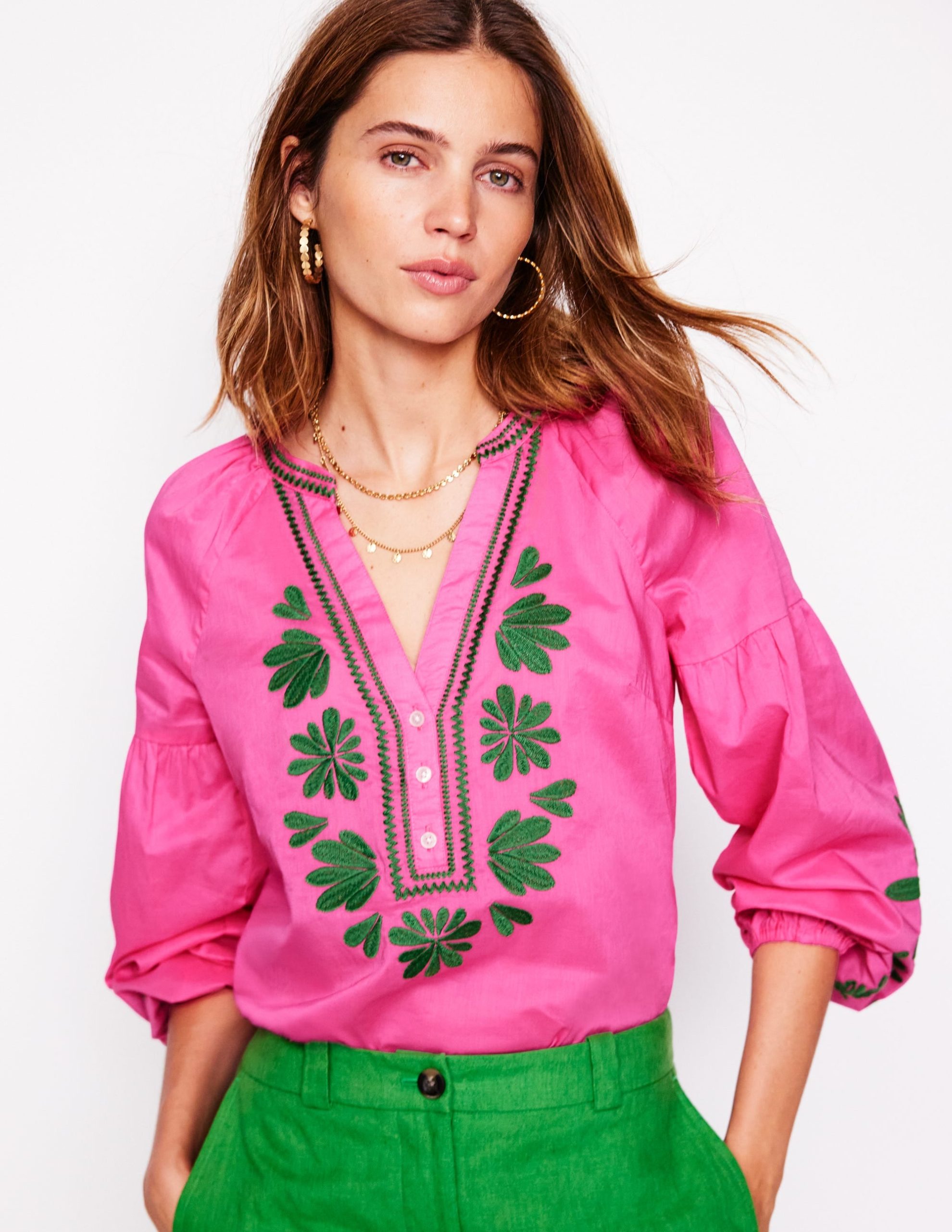 Raglan Embroidered Cotton Top-Sorbet Pink - Image 5