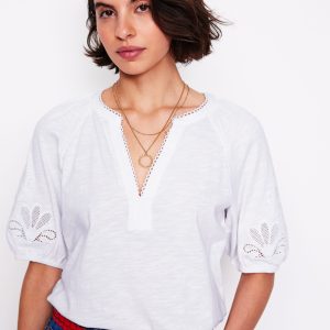 Cutwork Notch Neck Top-White