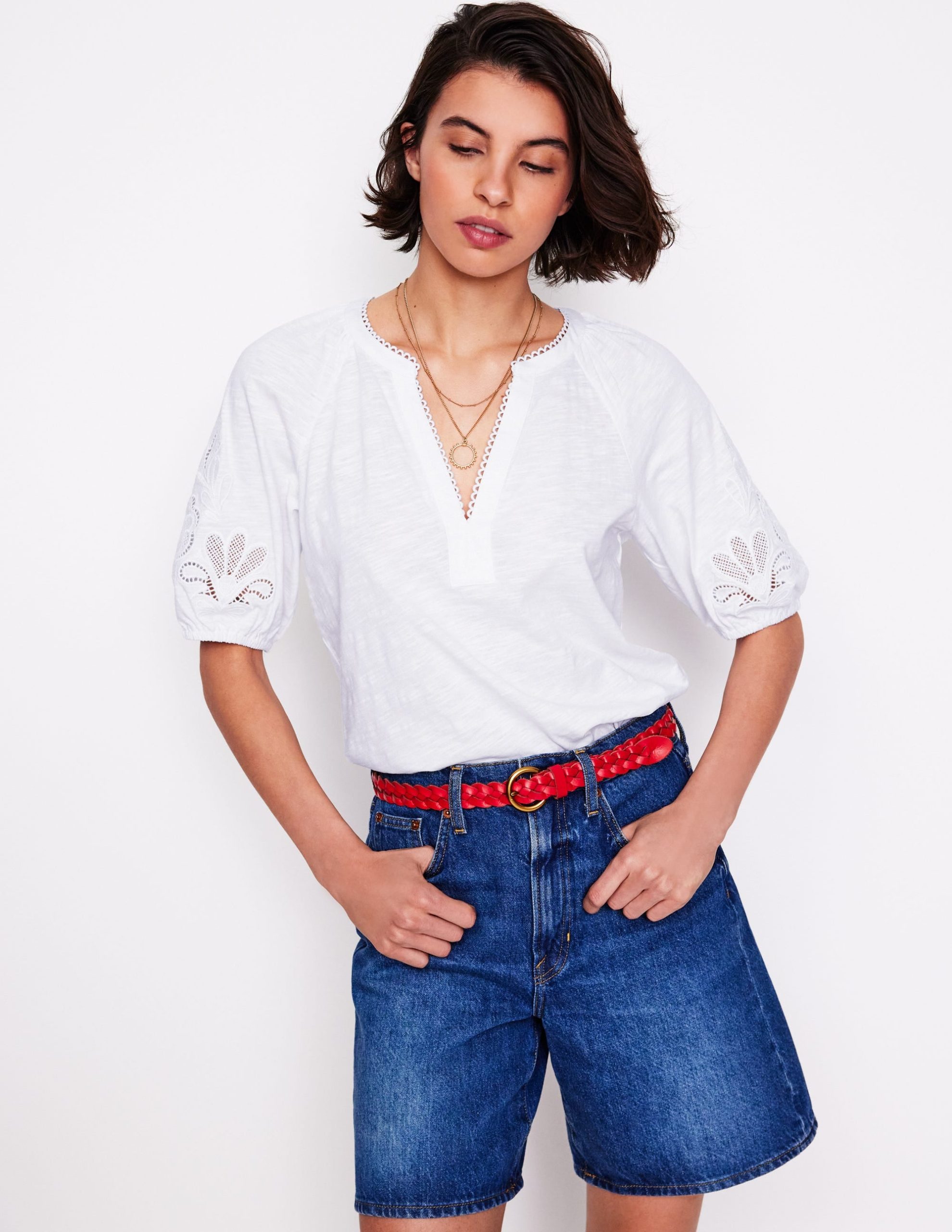 Cutwork Notch Neck Top-White - Image 6